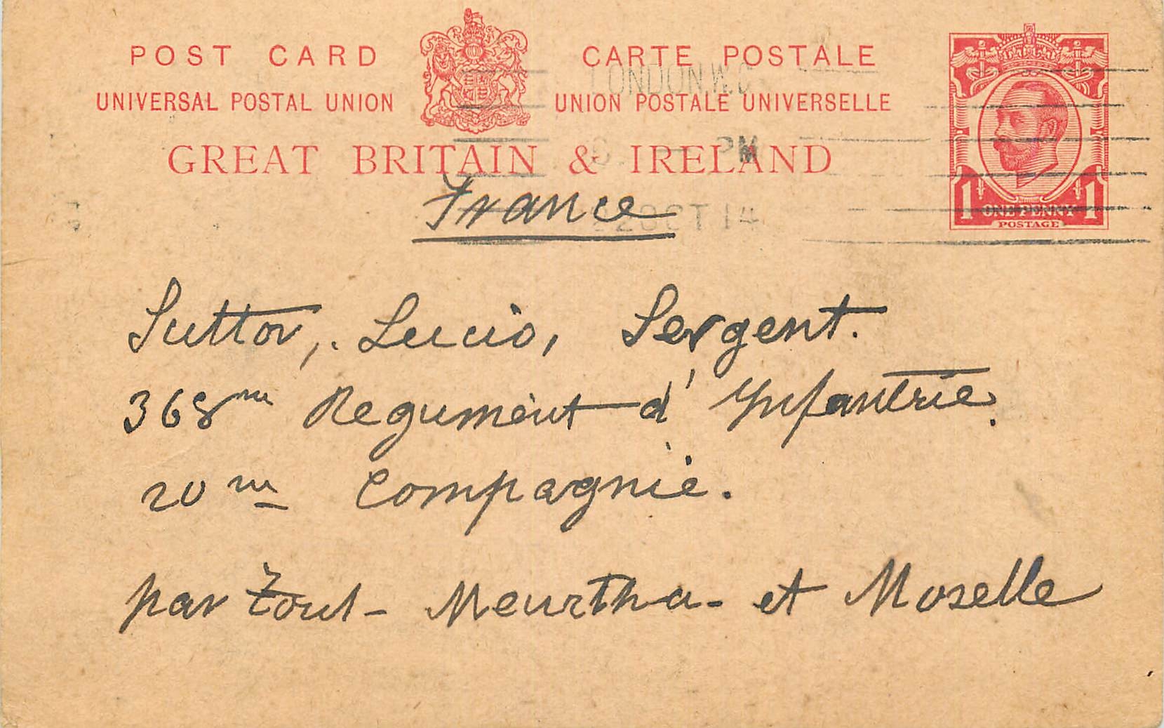 Entier Postal 1914 pour Sutton Meurthe et Moselle Militaria