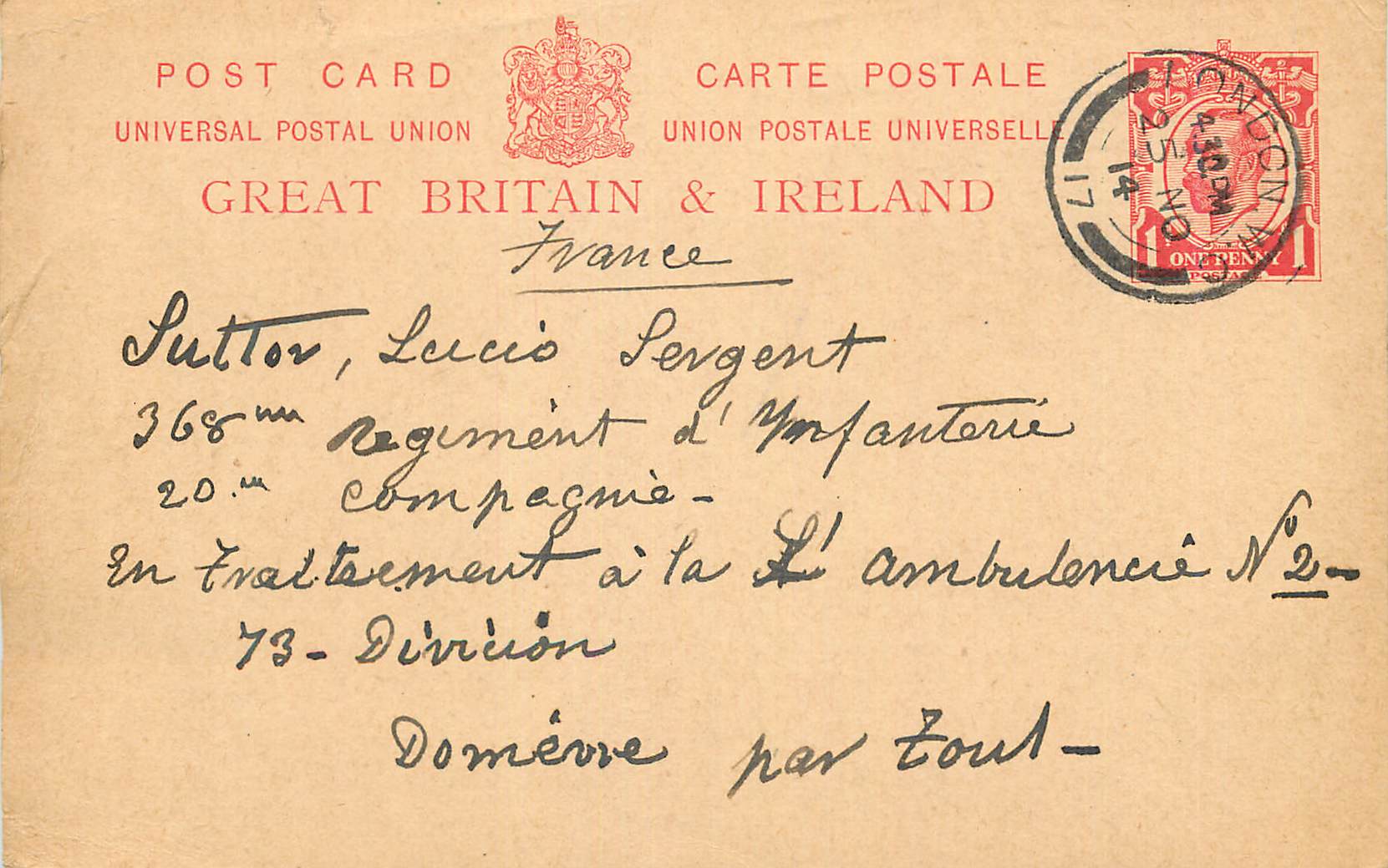 Entier Postal 1914 pour Sutton Meurthe et Moselle Militaria