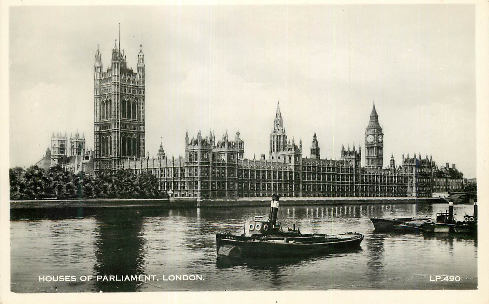 Houses of Parliament, London — vue avec le Tower Bridge et le bateau — Lansdowne Publishing Co. Ltd., série LP.490