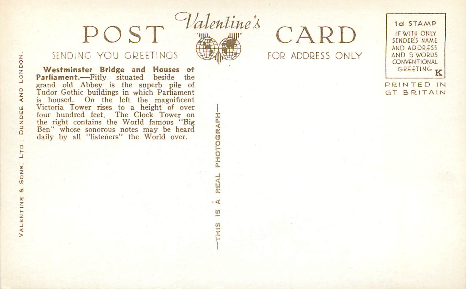 Houses of Parliament & Westminster Bridge, London — Valentine's Postcard, G.5708 — Verso