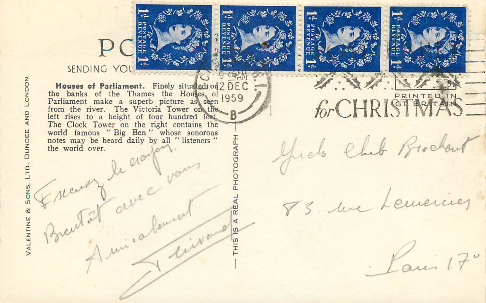 CPM The River Thames shown and Westminster ABbey and the Houses of Parliament London  — Back