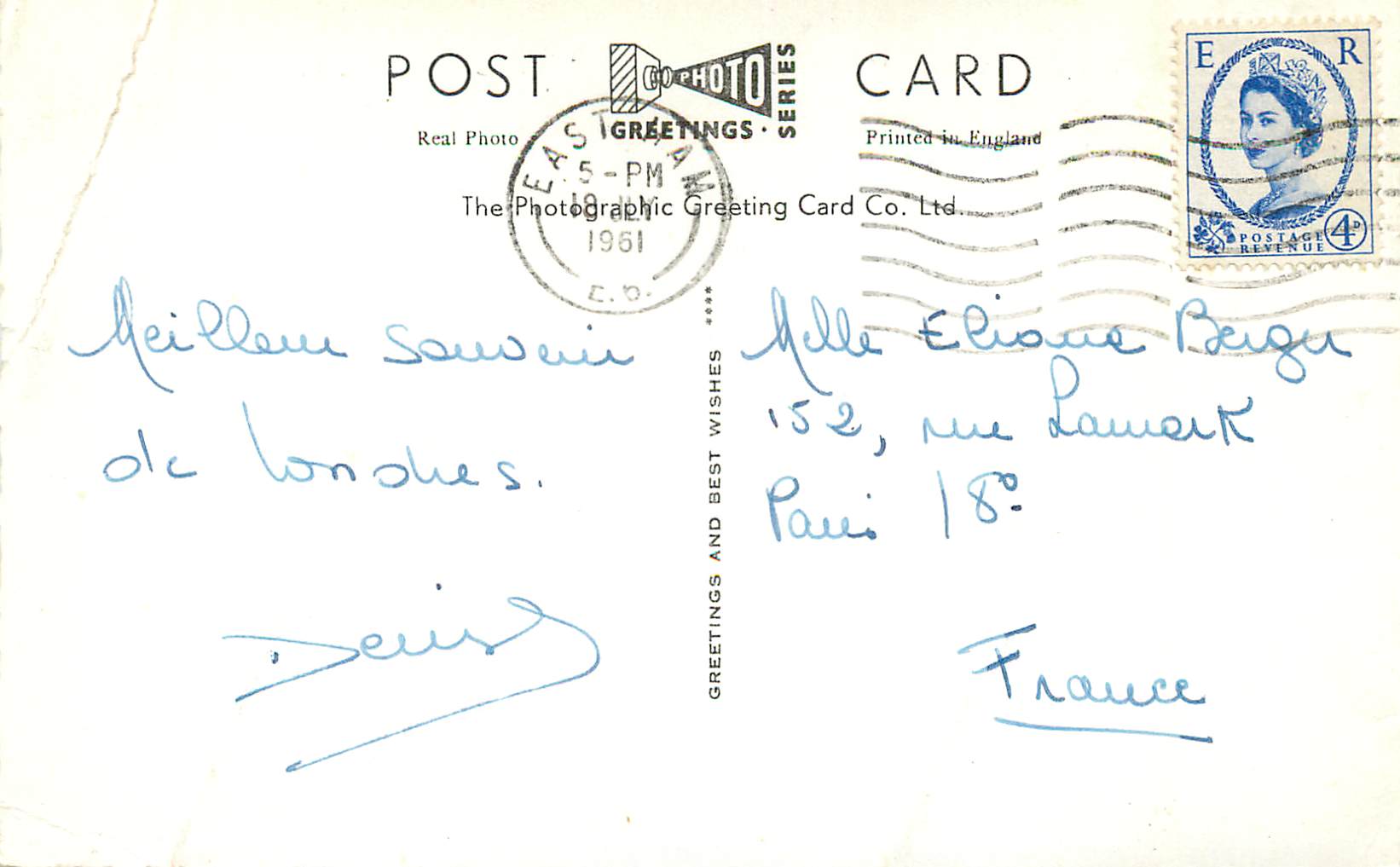 Die Häuser des Parlaments & Westminster Bridge, London — The Photographic Greeting Card Co. Ltd. — RF8 — Rückseite