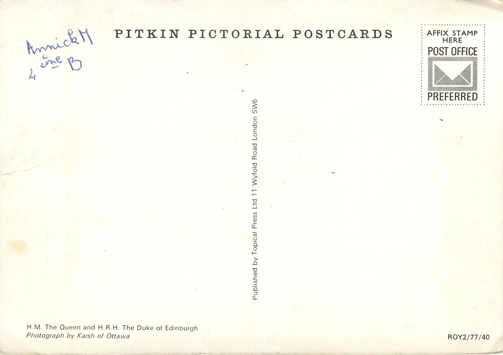 La Reine et le Duc d'Édimbourg — Photographie par Karsh d'Ottawa — Pitkin Pictorial Postcards — Verso