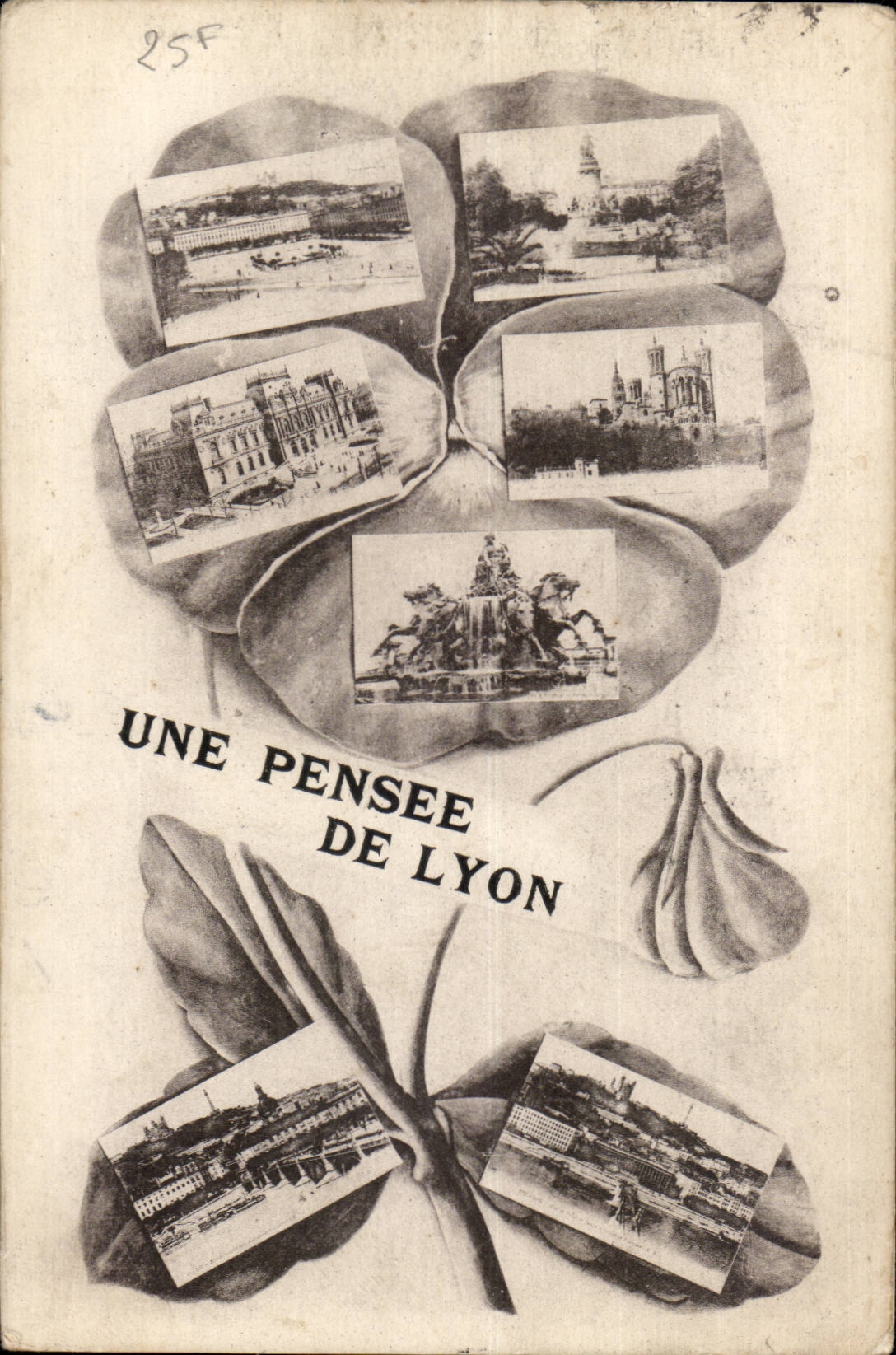 Une pensée de Lyon — carte postale illustrée avec six vues de la ville — éditeur non visible