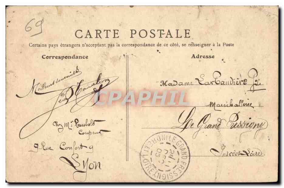 Lyon CPA Hotel de ville Salle des pas perdus la SAone par Coustou — Verso
