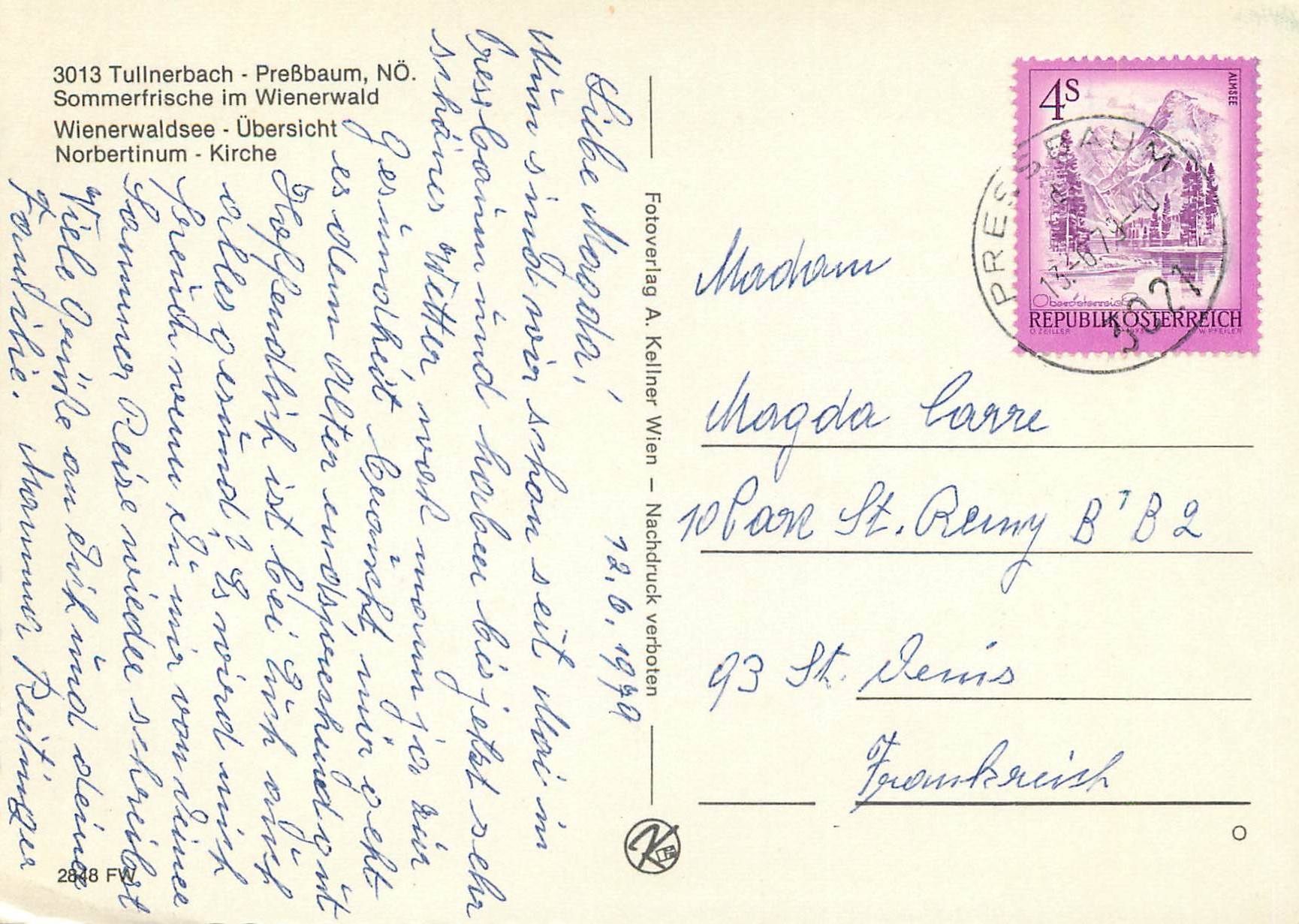 CPM Tullnerbach Sommerfrische im Wienerwald Norbetinum Kirche — Back