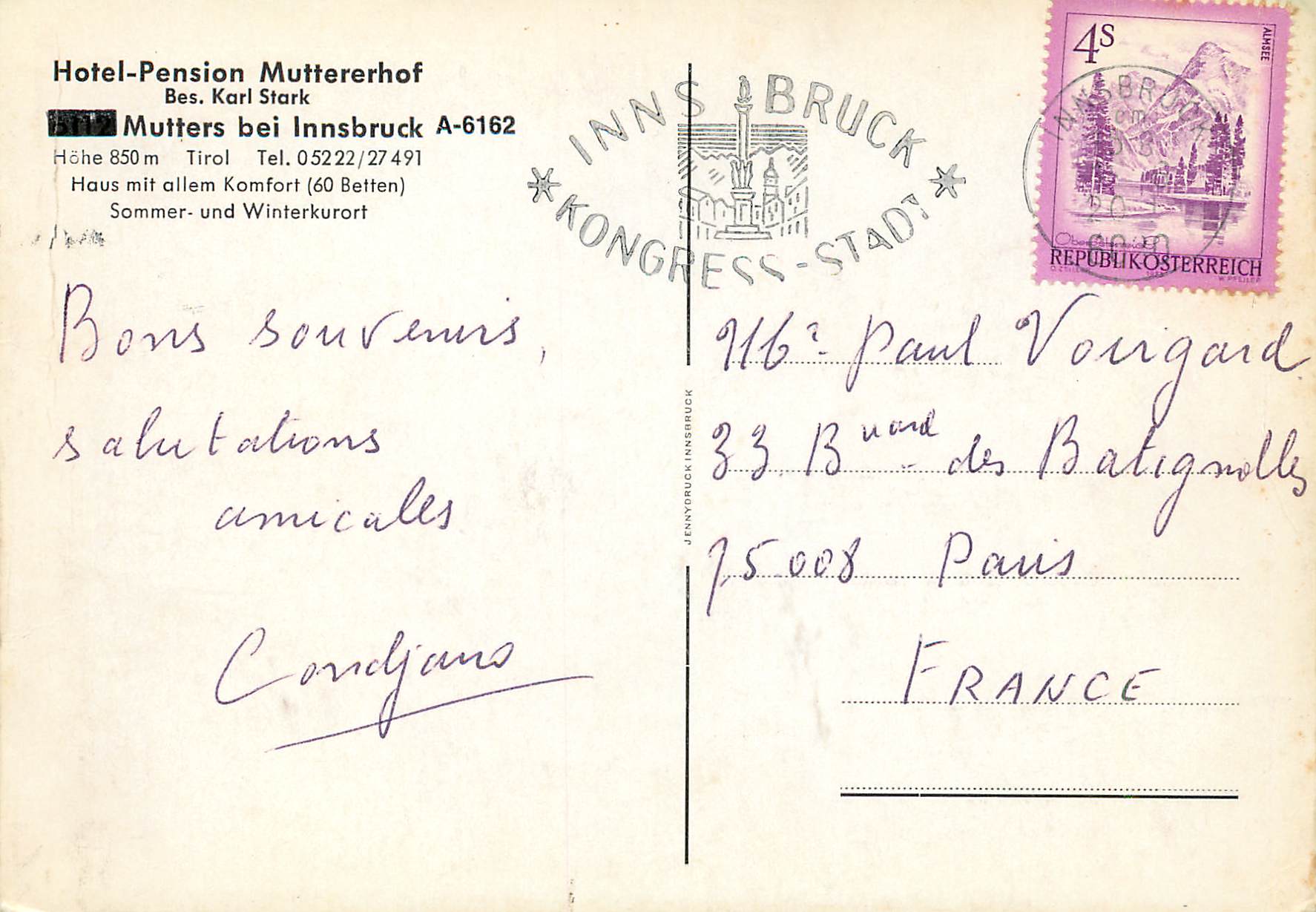 CPM Hotel Pension Muttererhof Bes Karl Stark — Back