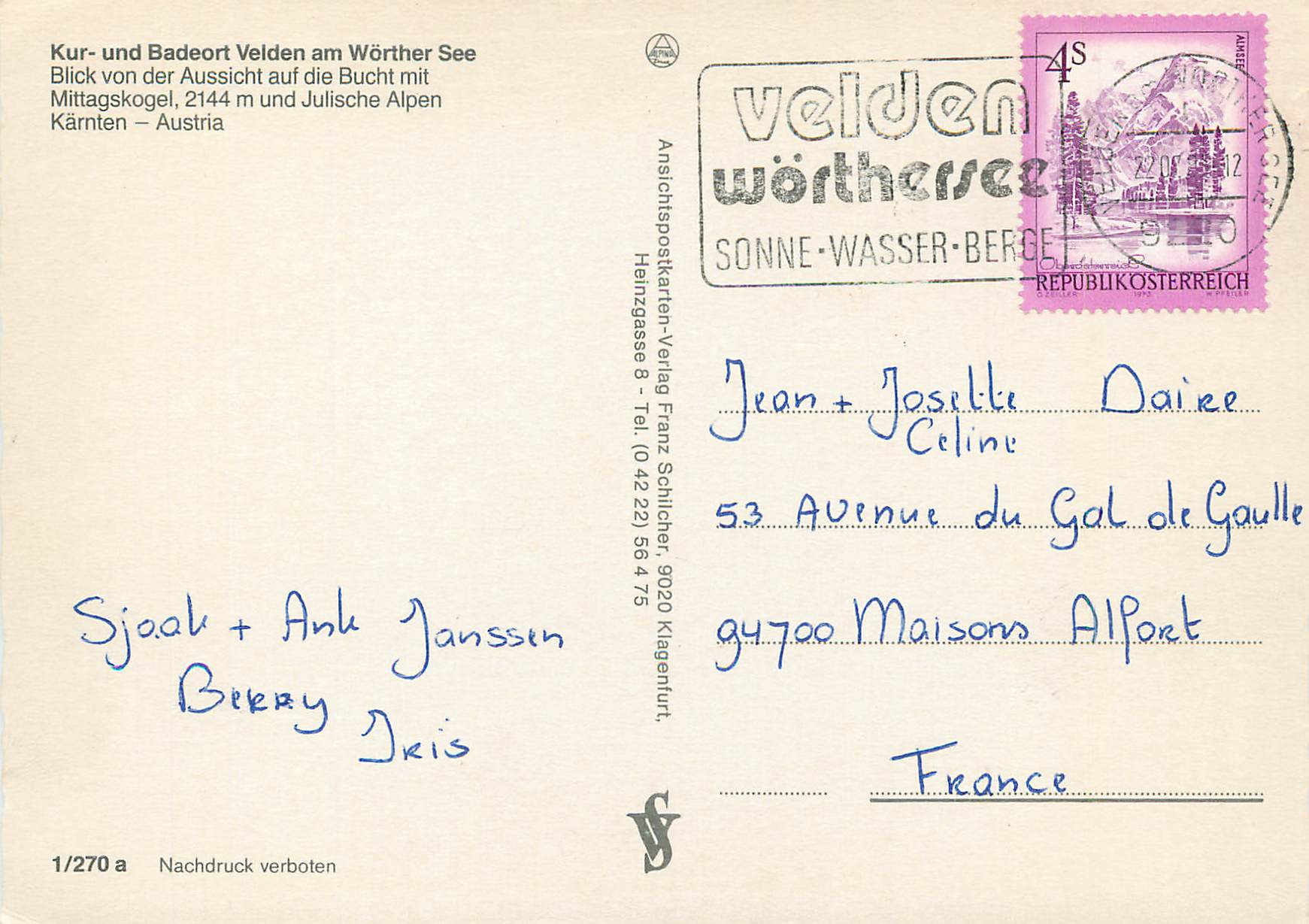 CPM Kur und Badeort Velden am Worther See Austria — Rückseite