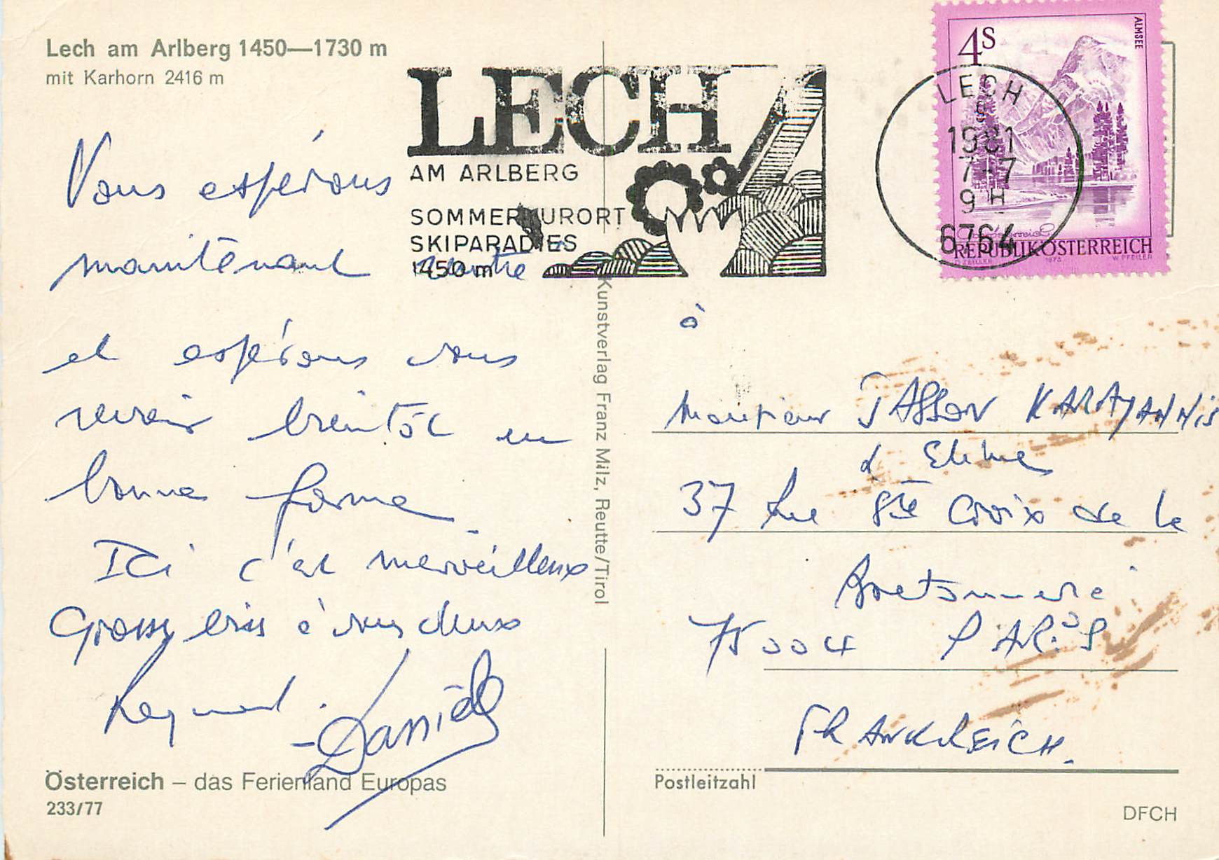 CPM Osterreich Lech am Arlberg 1450 1730m Mit Karhorn 2416m — Rückseite