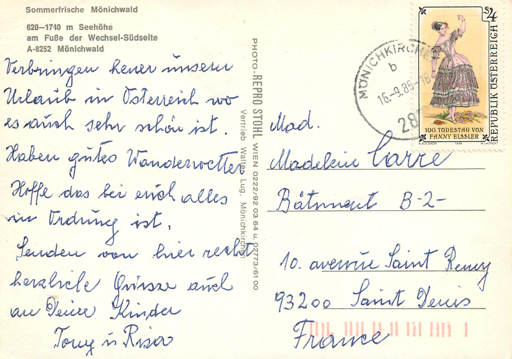 CPM Sommerfrische Monichwald 620 1740 Seehohe am FuBe der Wechsel Sudselte A 8252 Monichwald — Rückseite