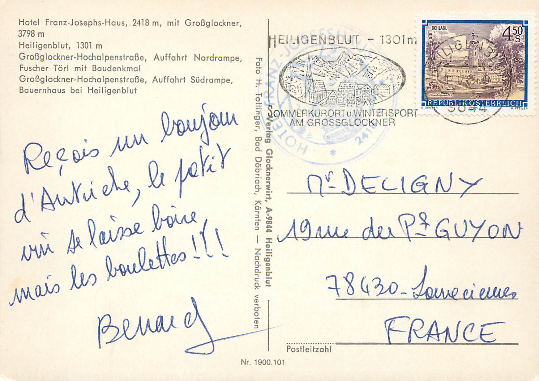 CPM Hotel Franz Josephs Haus 2418m Heiligenblut 1301m — Back
