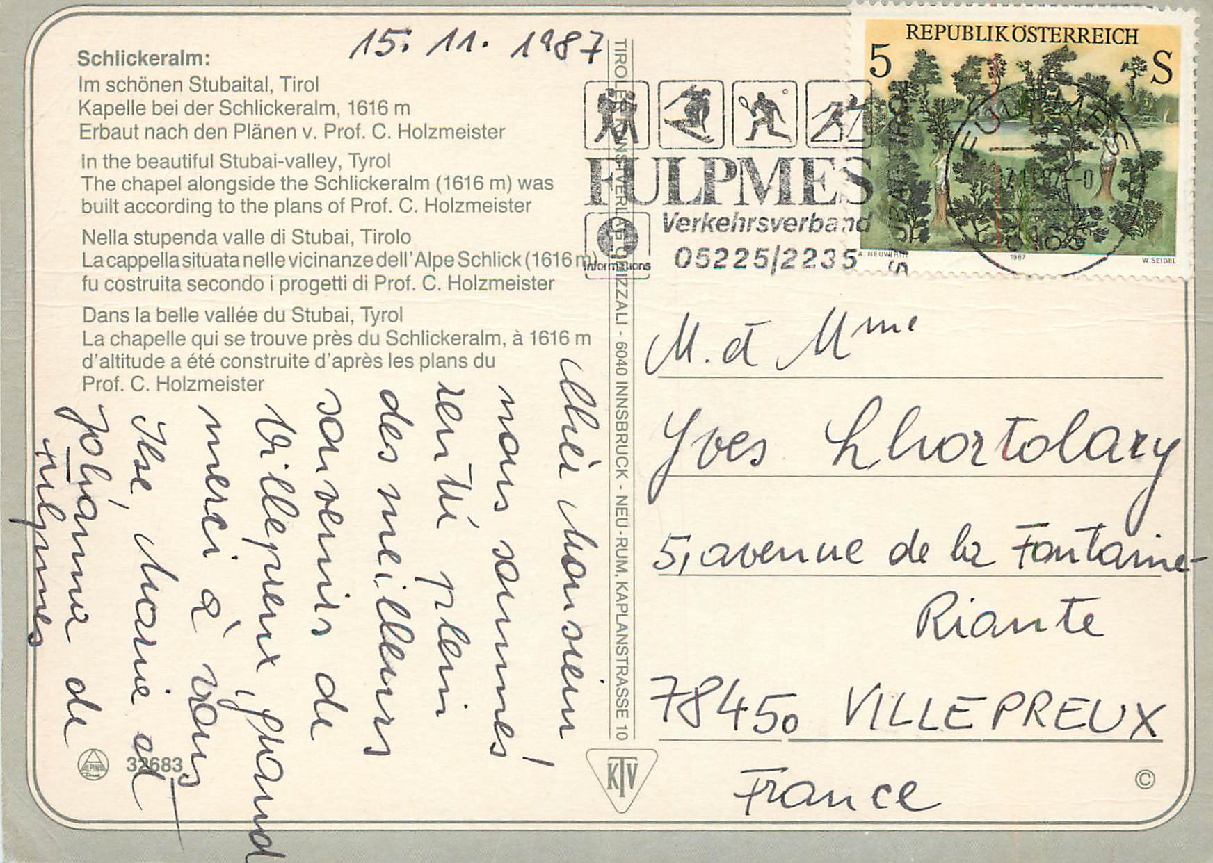 Schlickeralm — chapelle dans la vallée de Stubai, Tyrol — éditeur HULPMESES — Rückseite