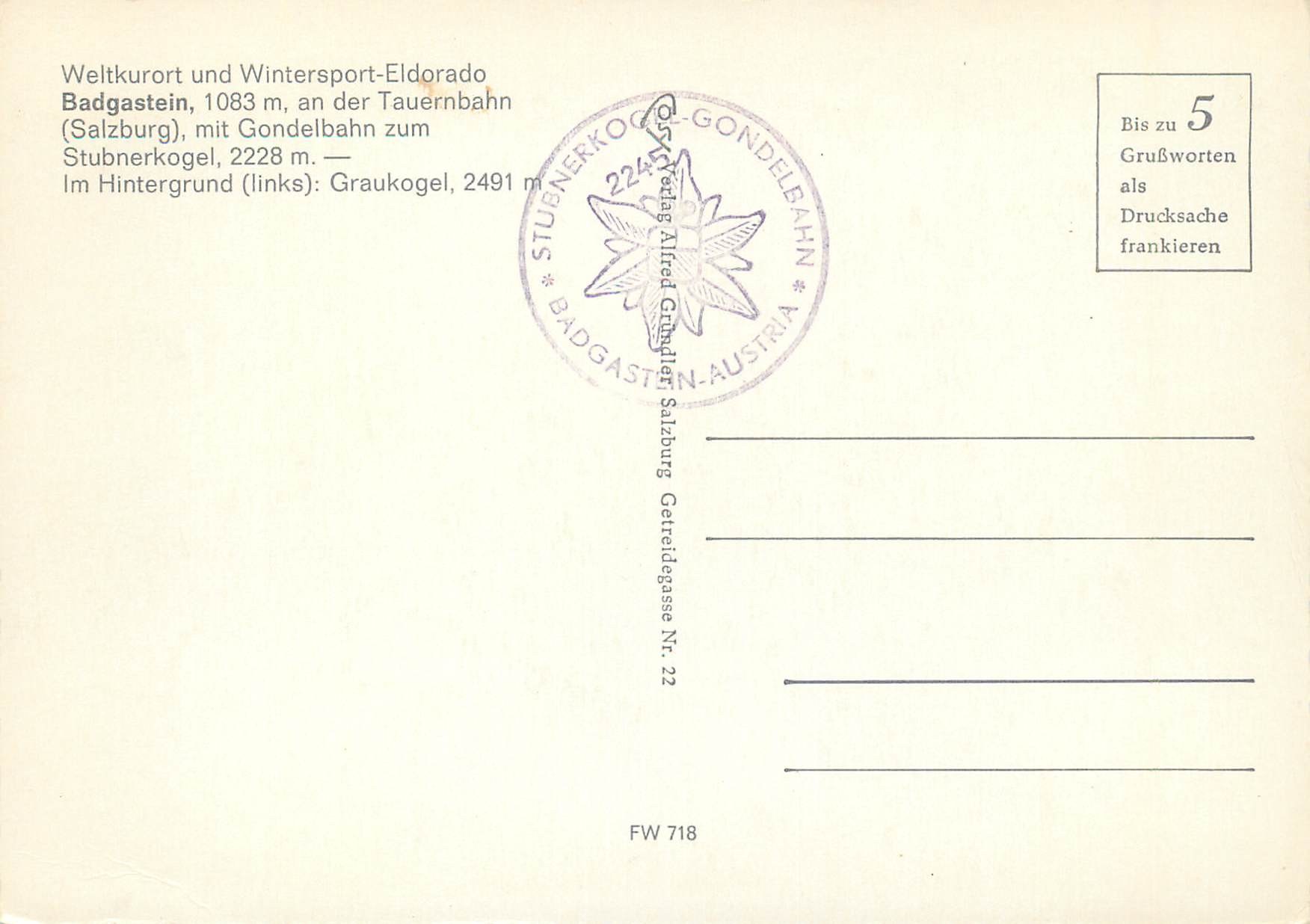 Badgastein — Weltkurort und Wintersport-Eldorado — Stubnerkogel, Graukogel — éditeur Alfred Gründler, Salzbourg — Verso
