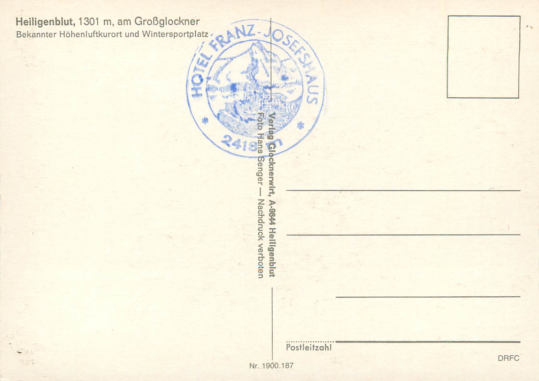 CPM Heiligenblut 1301 m am GroBglockner Bekannter Hohenluftkurort und Wintersportplatz — Rückseite