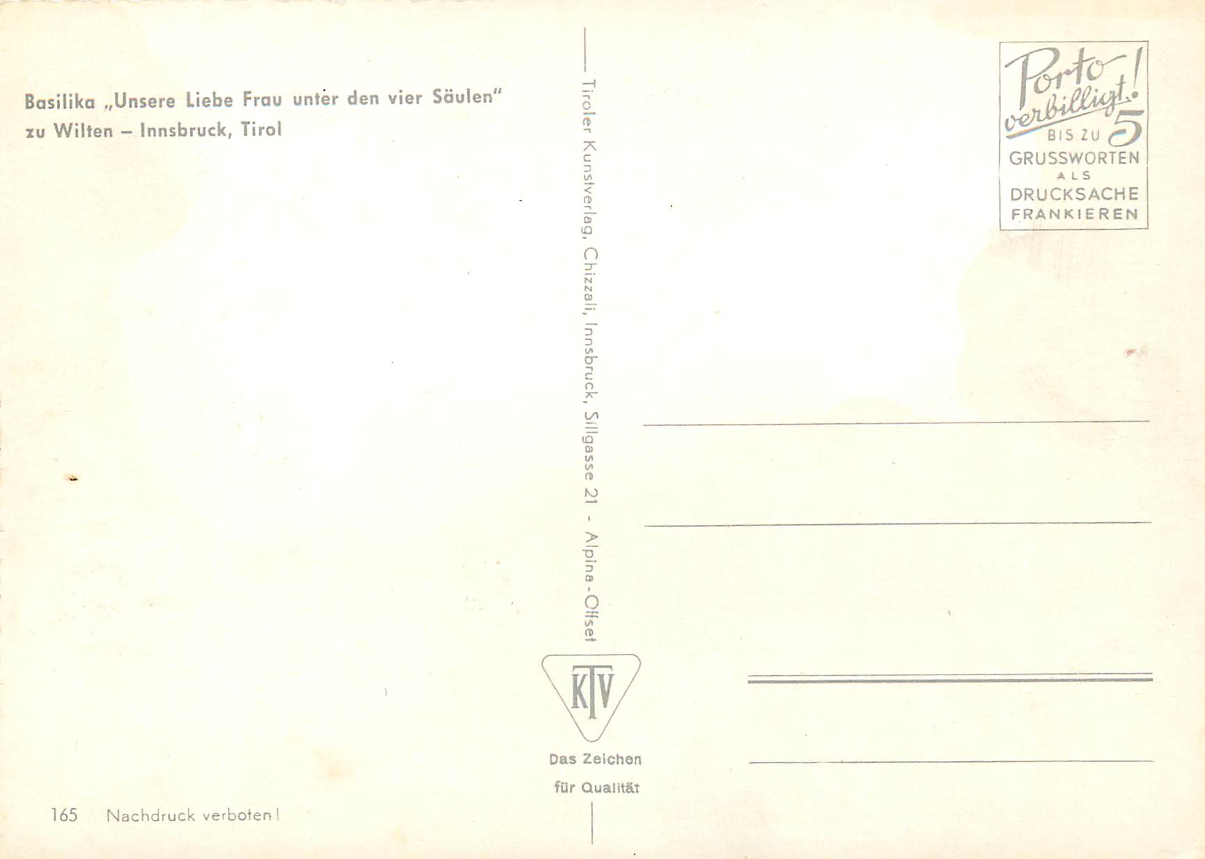 CPM Basilika Unsere Liebe Frau Unter den Vier Saulen Zu Wilten Innsbruck Tirol — Rückseite