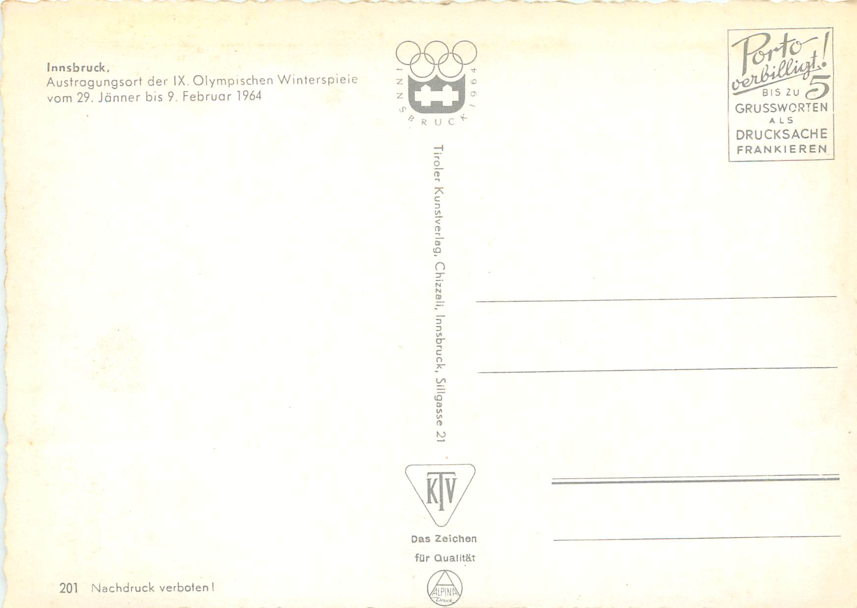 CPM Olympiastadt Innsbruck Jeux Olympiques 1964 — Rückseite