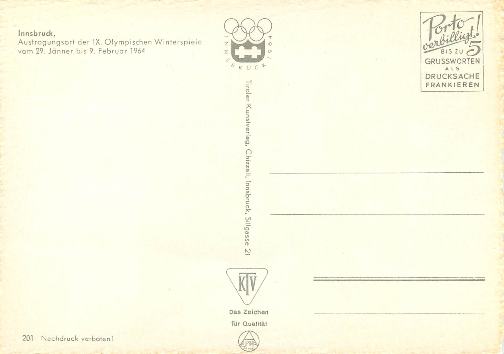 CPM Olympiastadt Innsbruck Jeux Olympiques 1964 — Rückseite