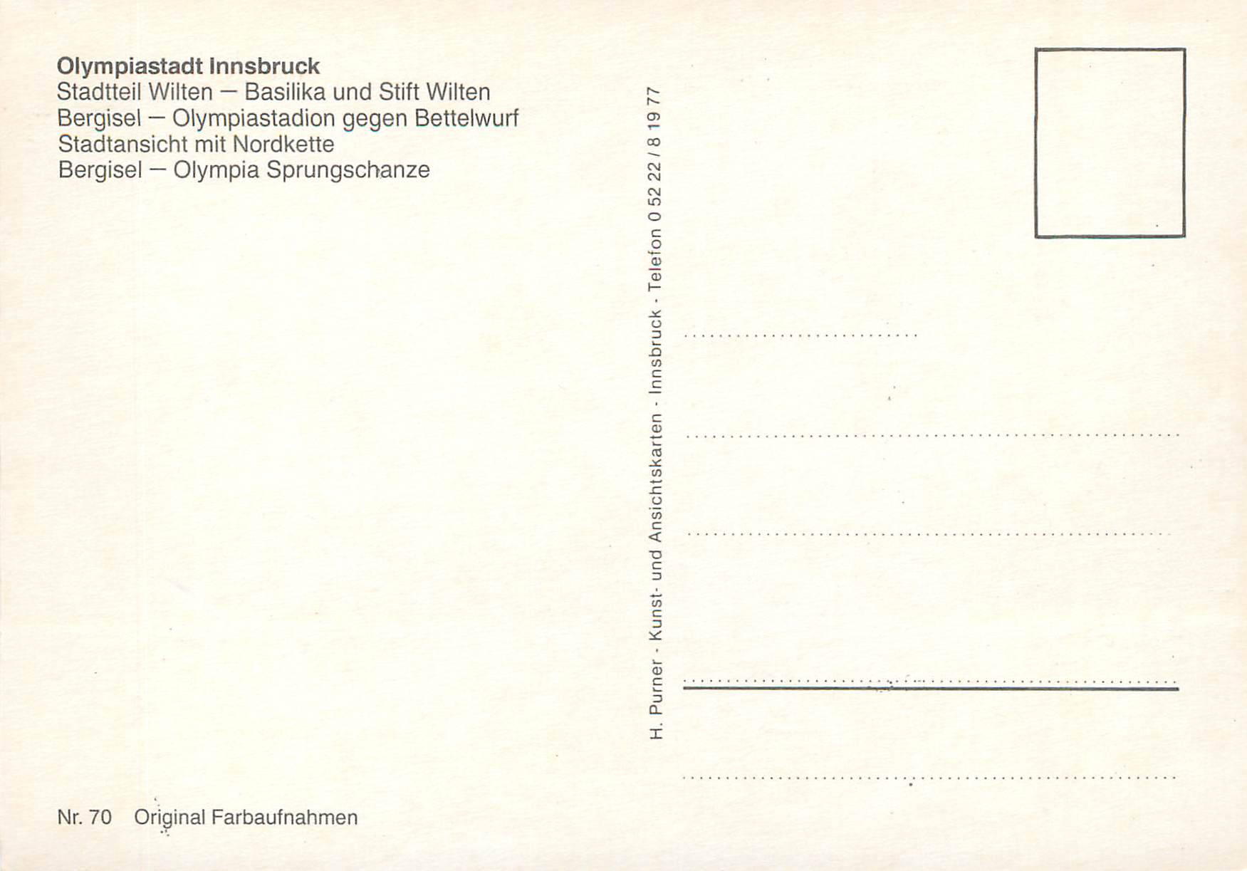 CPM Olympiastadt Innsbruck Staditteil Basilika und Stift Wilten Bergisel Olympia Sprungschanze — Rückseite