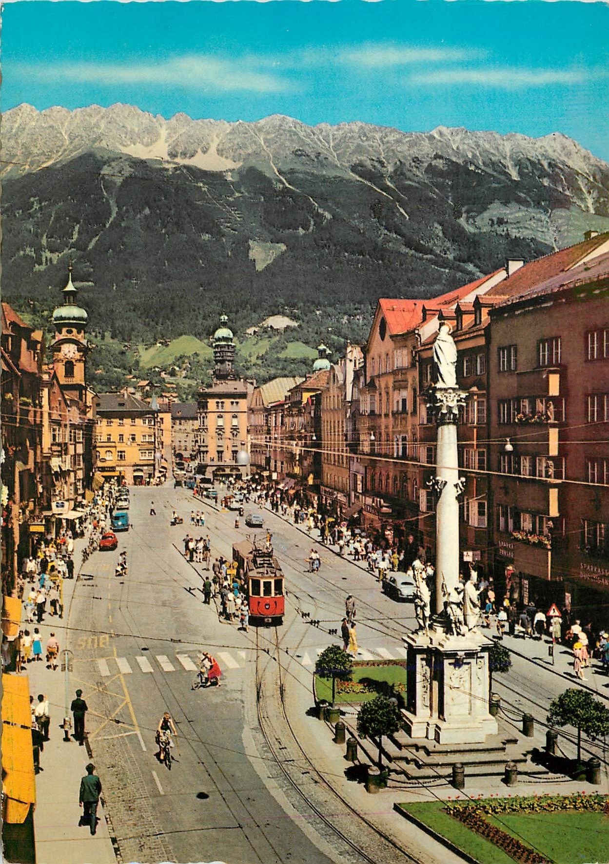 CPM Innsbruck Maria Theresien Strasse avec la Colonne Ste Anne
