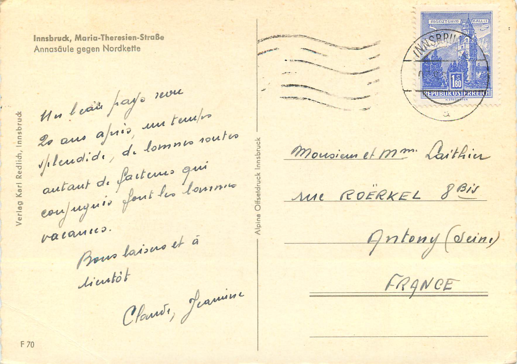 CPM Innsbruck ich MuB Dich Lassen Maria Theresien StraBe Annasaule Gegen Nordkette — Rückseite