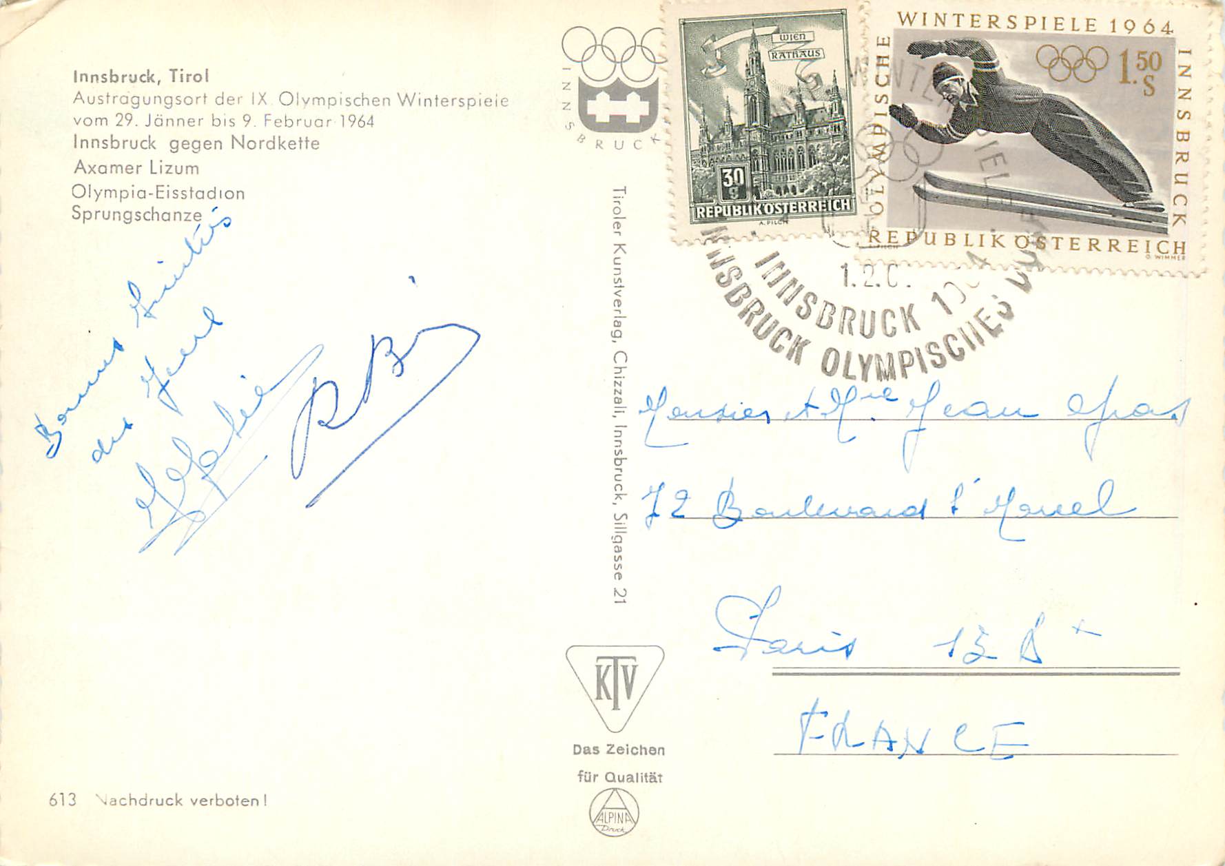 CPM Innsbruck 1964 Tirol Austragungsort Der IX Olymischen Winterspieie Jeux Olympiques — Rückseite