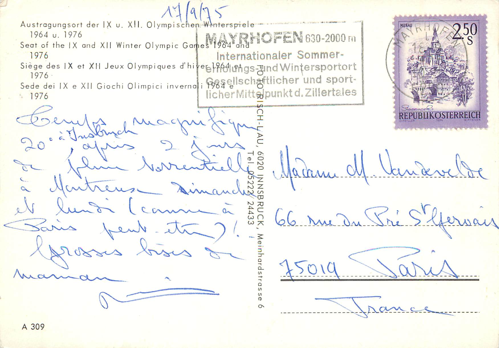 CPM Innsbruck Siege des IX et XII jeux Olympiques d'hiver 1964 et 1976 — Rückseite