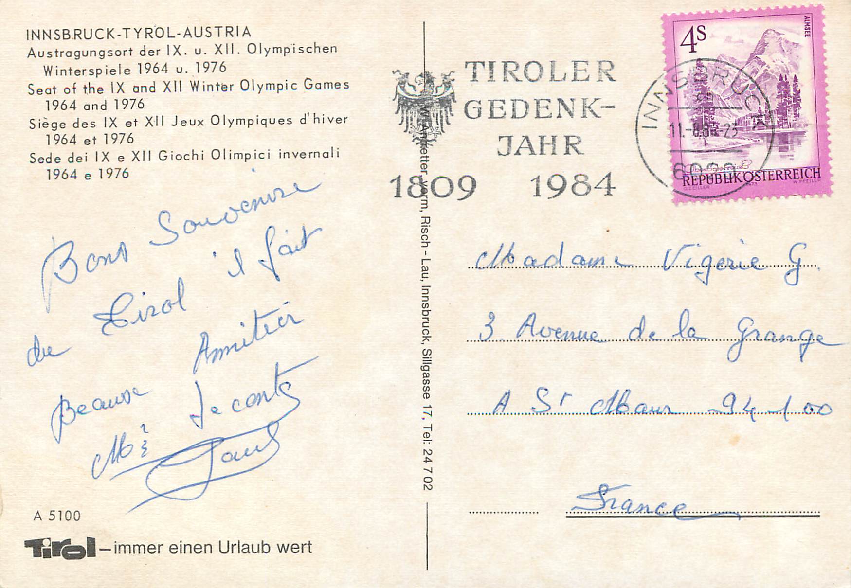 CPM Innsbruck Tyrol Austria Siege des IX et XII jeux Olympiques d'hiver 1964 et 1976 — Rückseite