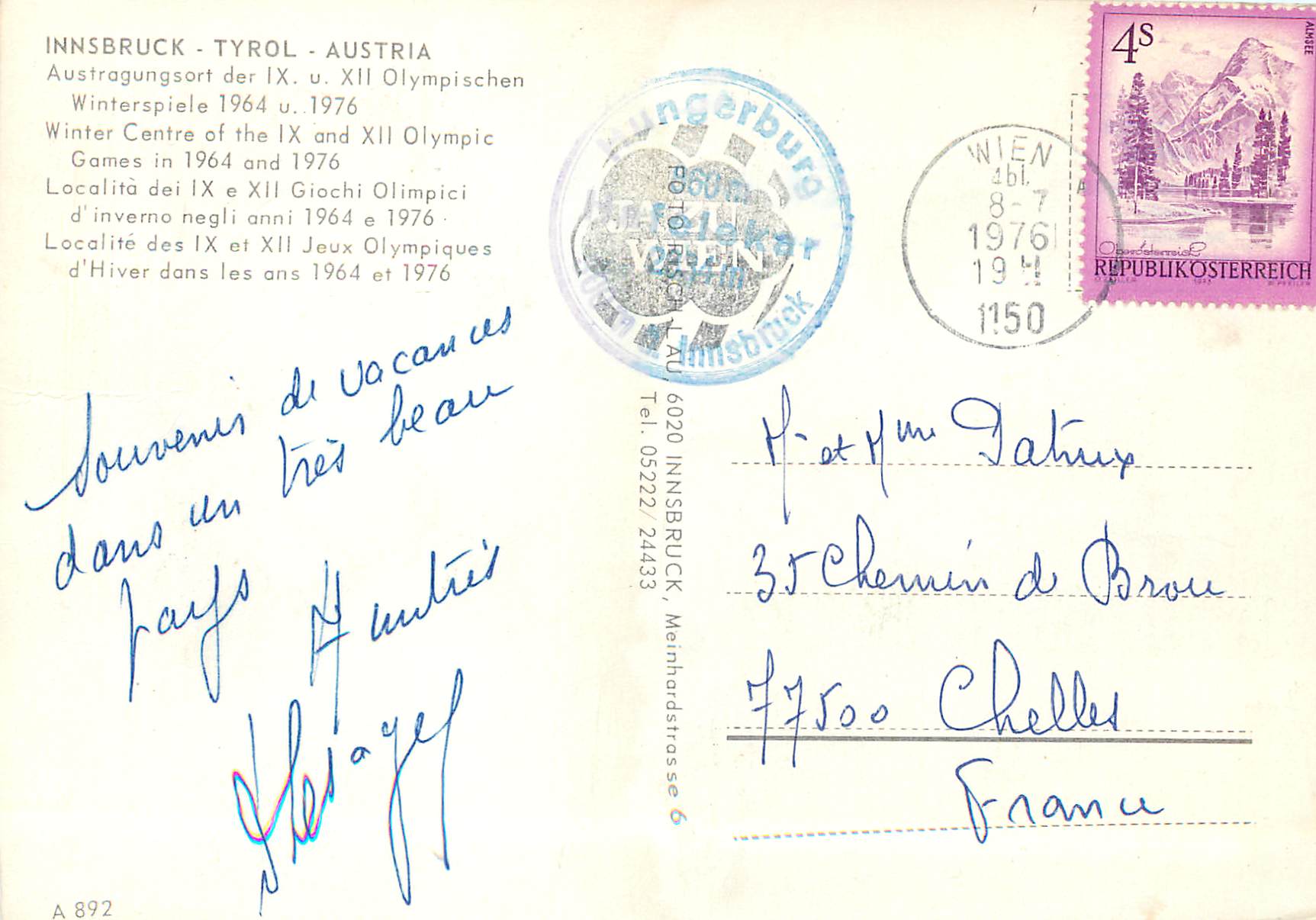 CPM Innsbruck Tyrol Austria Localite des IX et XII Jeux Olympiques d'Hiver dans les ans 1964 et 1976 — Rückseite