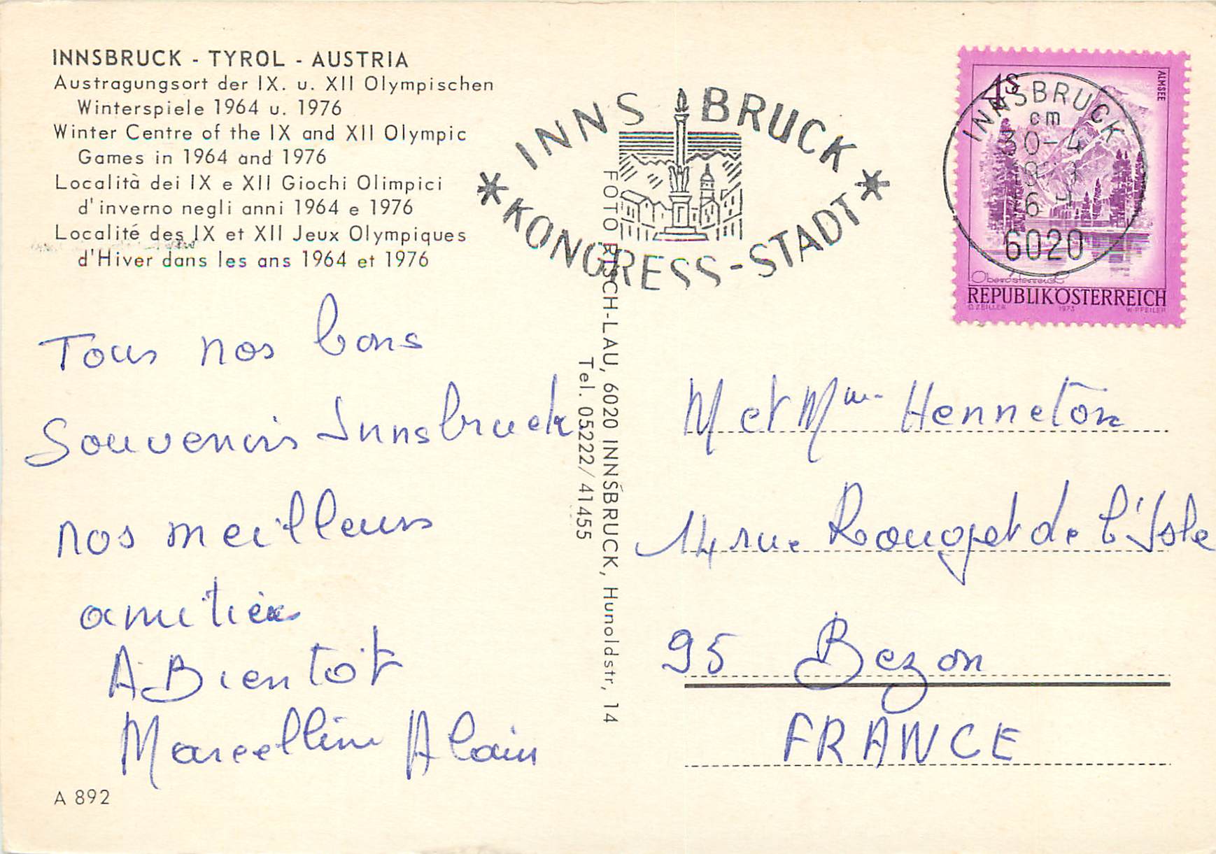 CPM Innsbruck Tyrol Austria Localite des IX et XII Jeux Olympiques d'Hiver dans les ans 1964 et 1976 — Rückseite