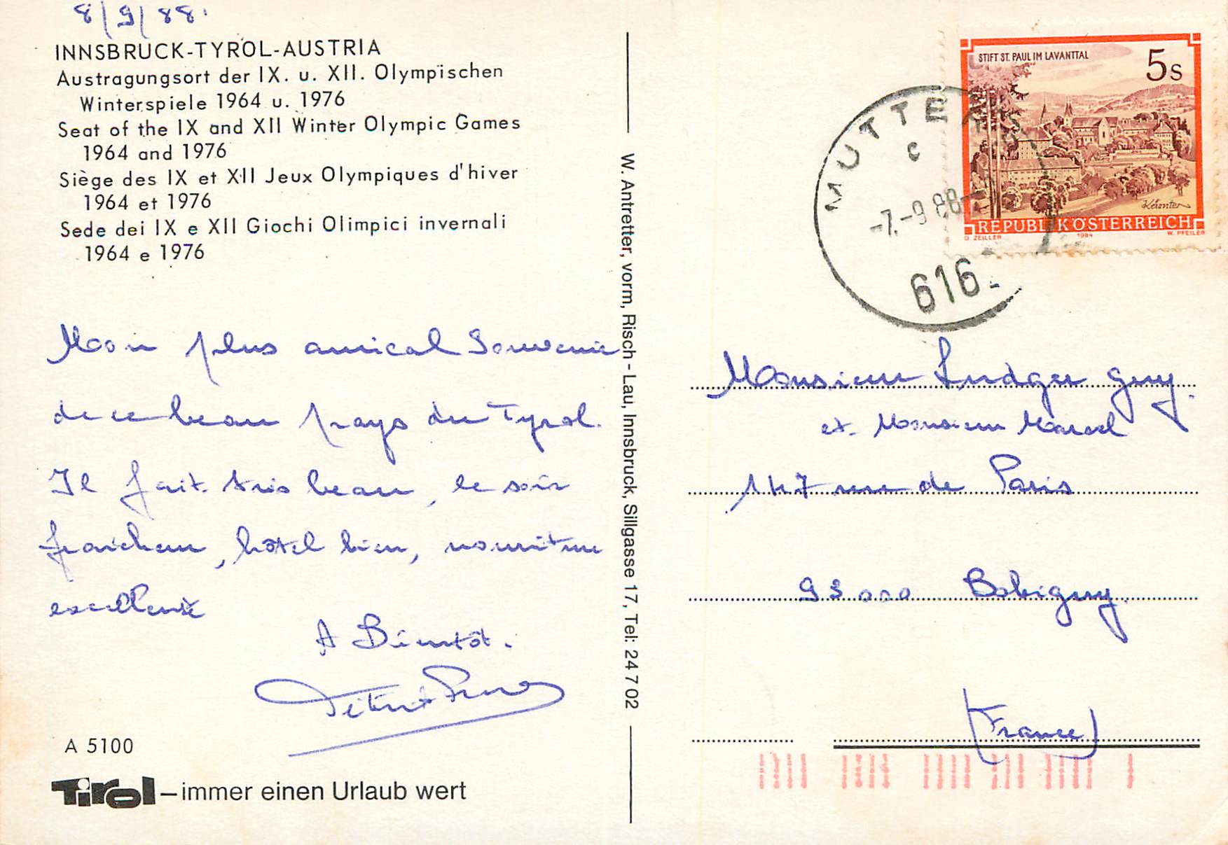 CPM Altstadt Innsbruck Tyrol Austria Siege des IX et XII jeux Olympiques d'hiver 1964 et 1976 — Rückseite