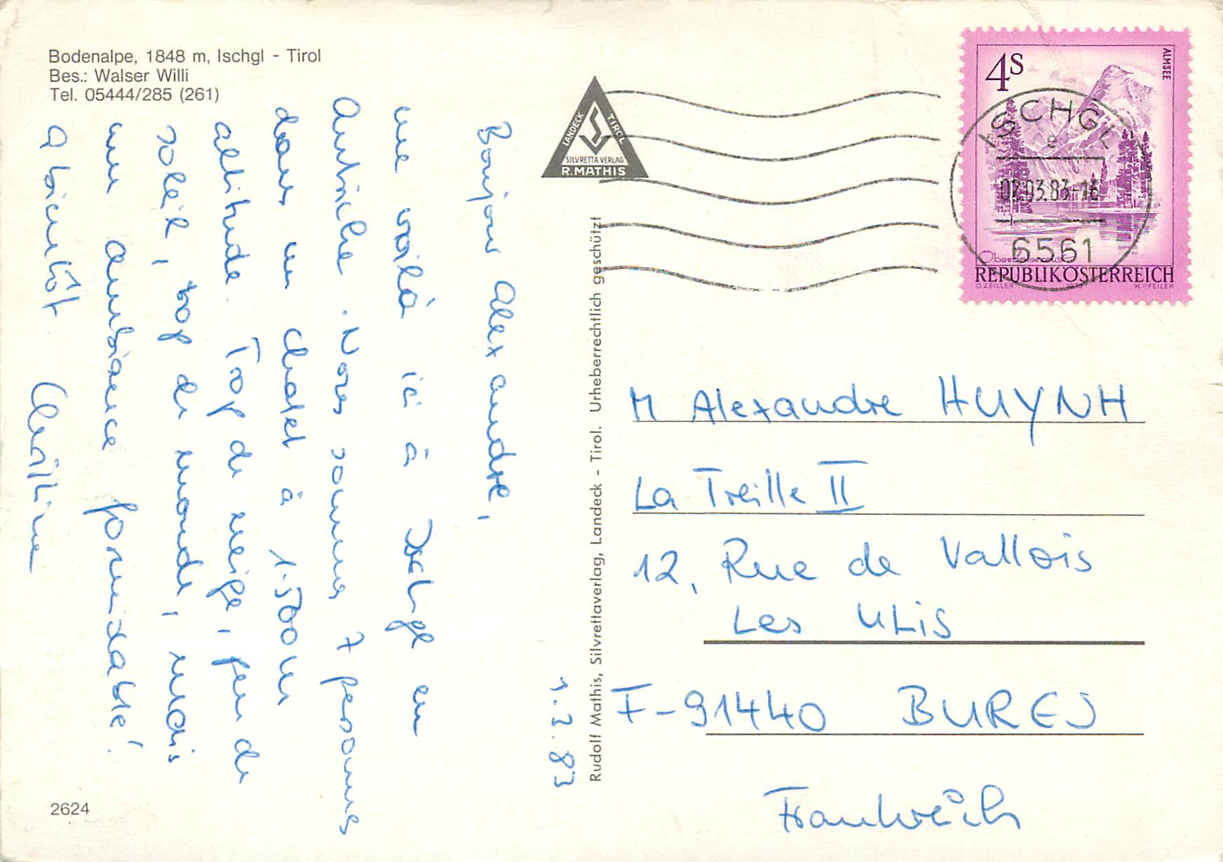 Bodenalpe 1848 m - Ischgl — vue panoramique et ski — éditeur R. Mathis, n° 2624 — Back