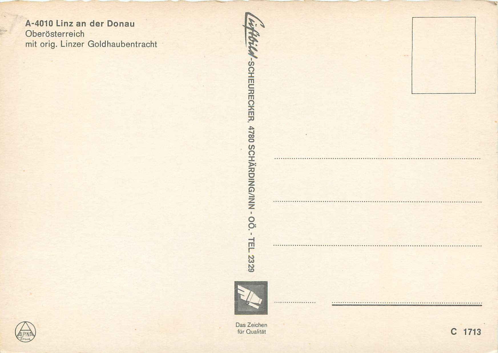 CPM A 4010 Linz an der Donau Oberosterreich mit orig Linzer Goldhaubentracht Folklore — Rückseite