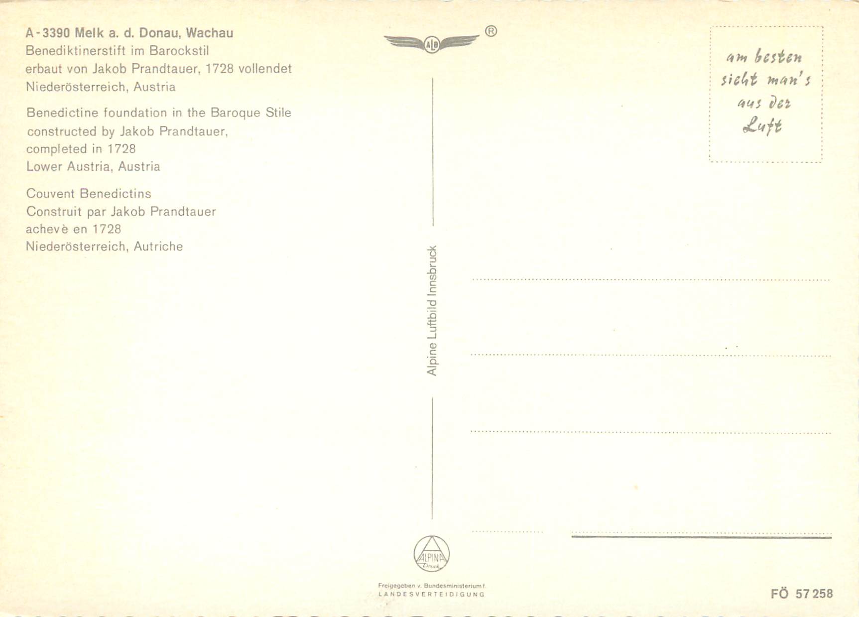 CPM Couvent Benedictins Construit par Jakob Prandtauer Acheve en 1728 Niederosterreich Autriche — Back