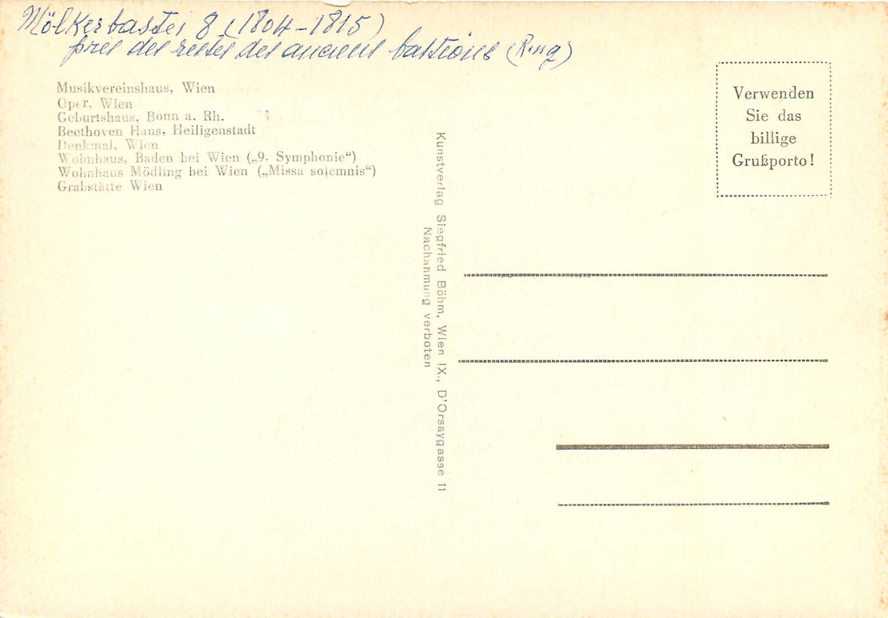 Ludwig van Beethoven — Gedenk-Karte — Kunstverlag Siegfried Böhm, Wien — Verso