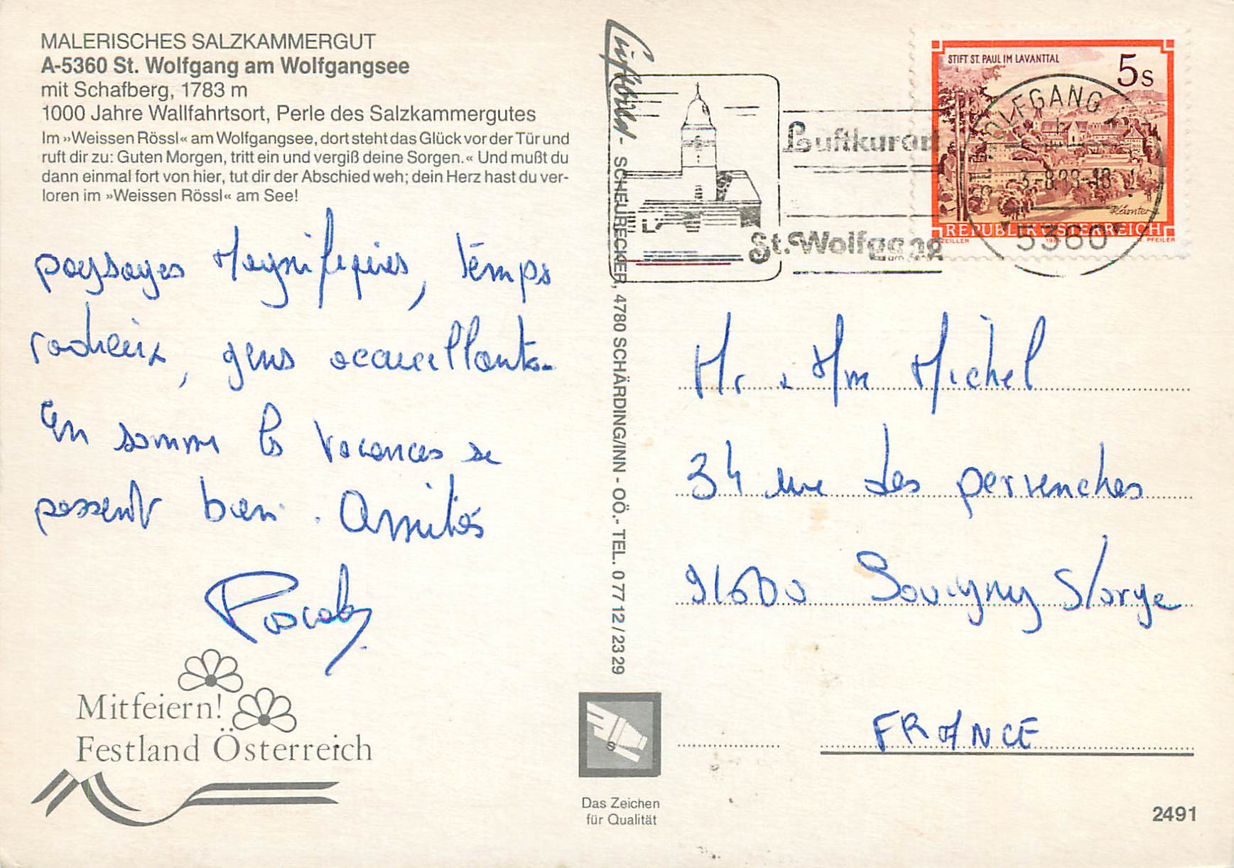 CPM Malerisches salzkammergut Wolfgang am Wolfgangsee Bateau — Rückseite