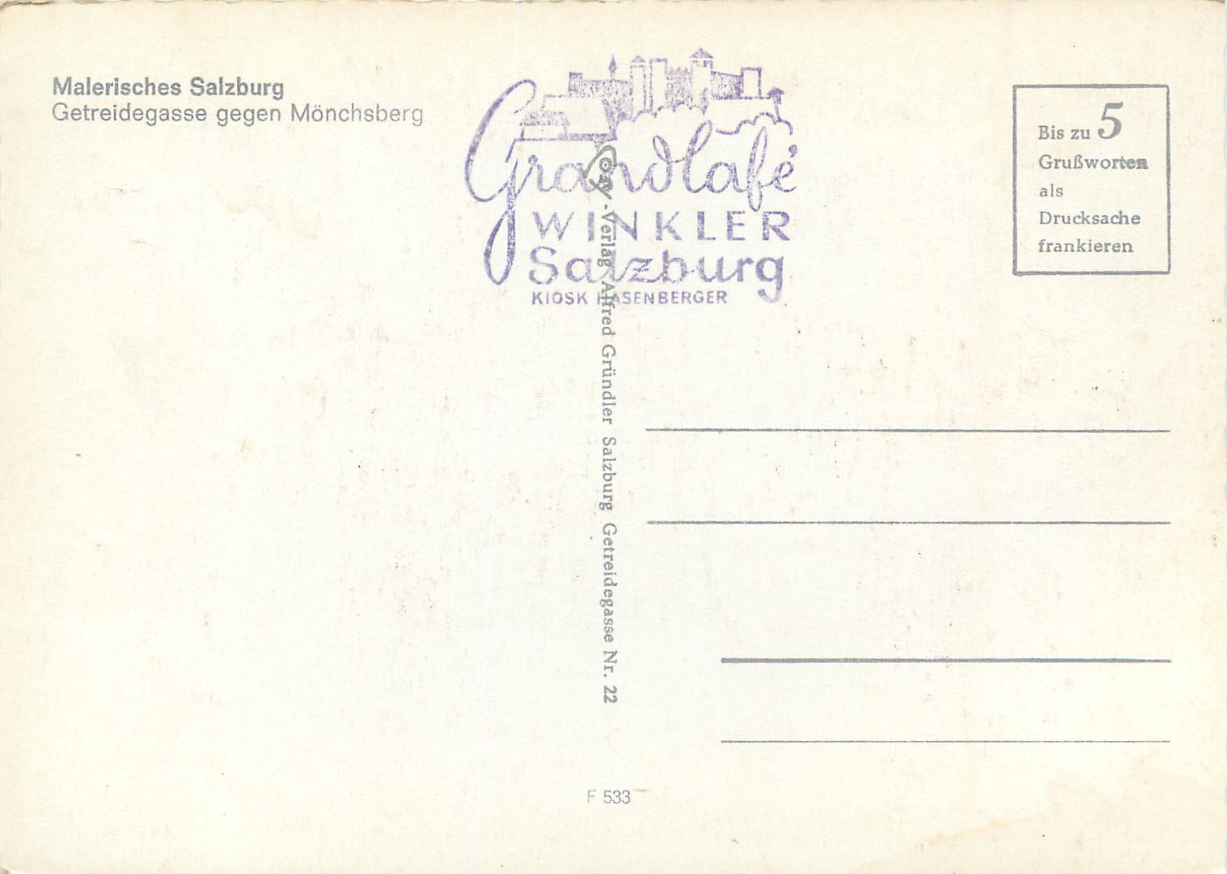 CPM Malerlsches Salzburg Getreidegasse Gegen Monchsberg Opticien Foto Optik — Rückseite