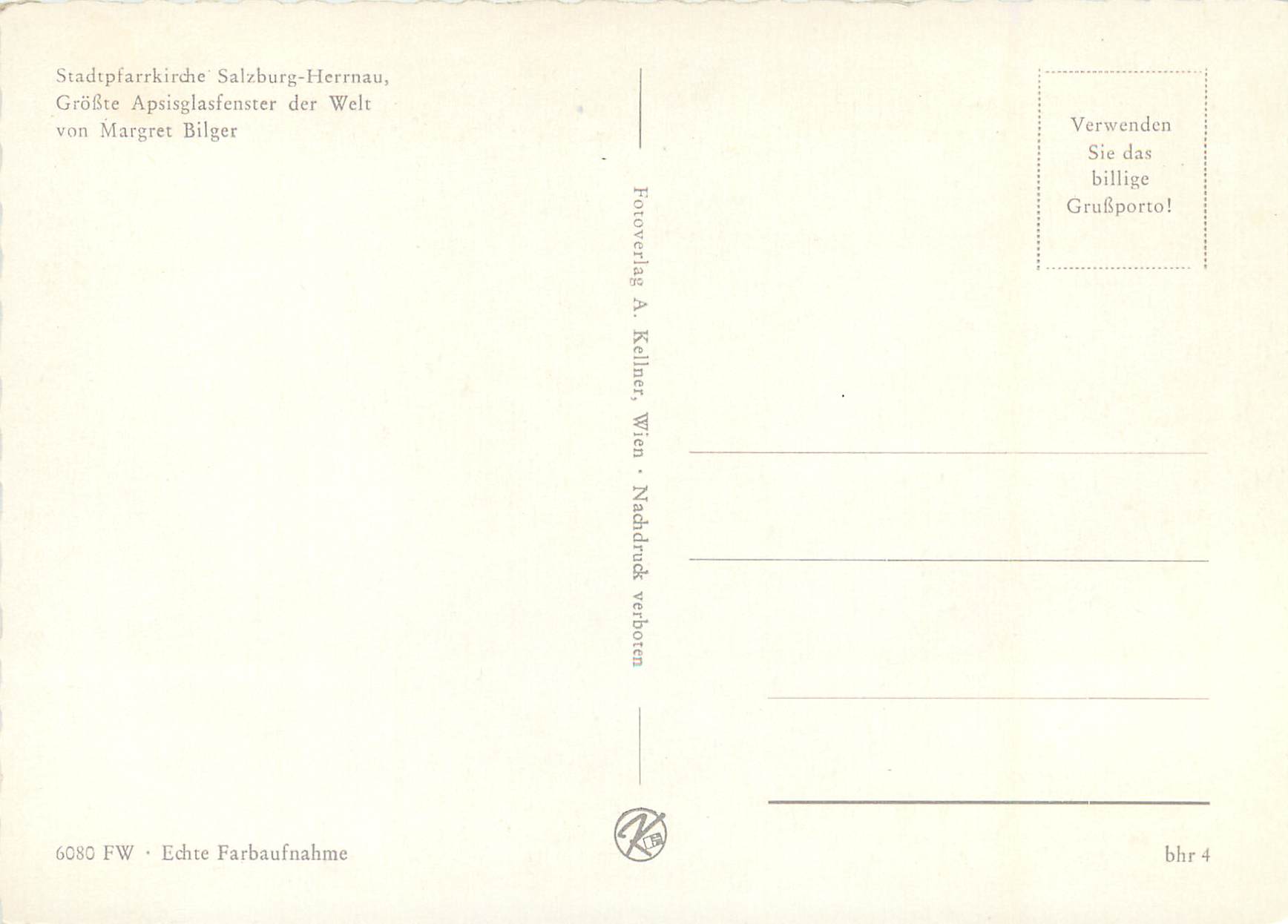 CPM Stadtpfarrkirche Salzburg Herrnau GroBre Apsisglasfenster der Welt Von Margret Bilger — Rückseite