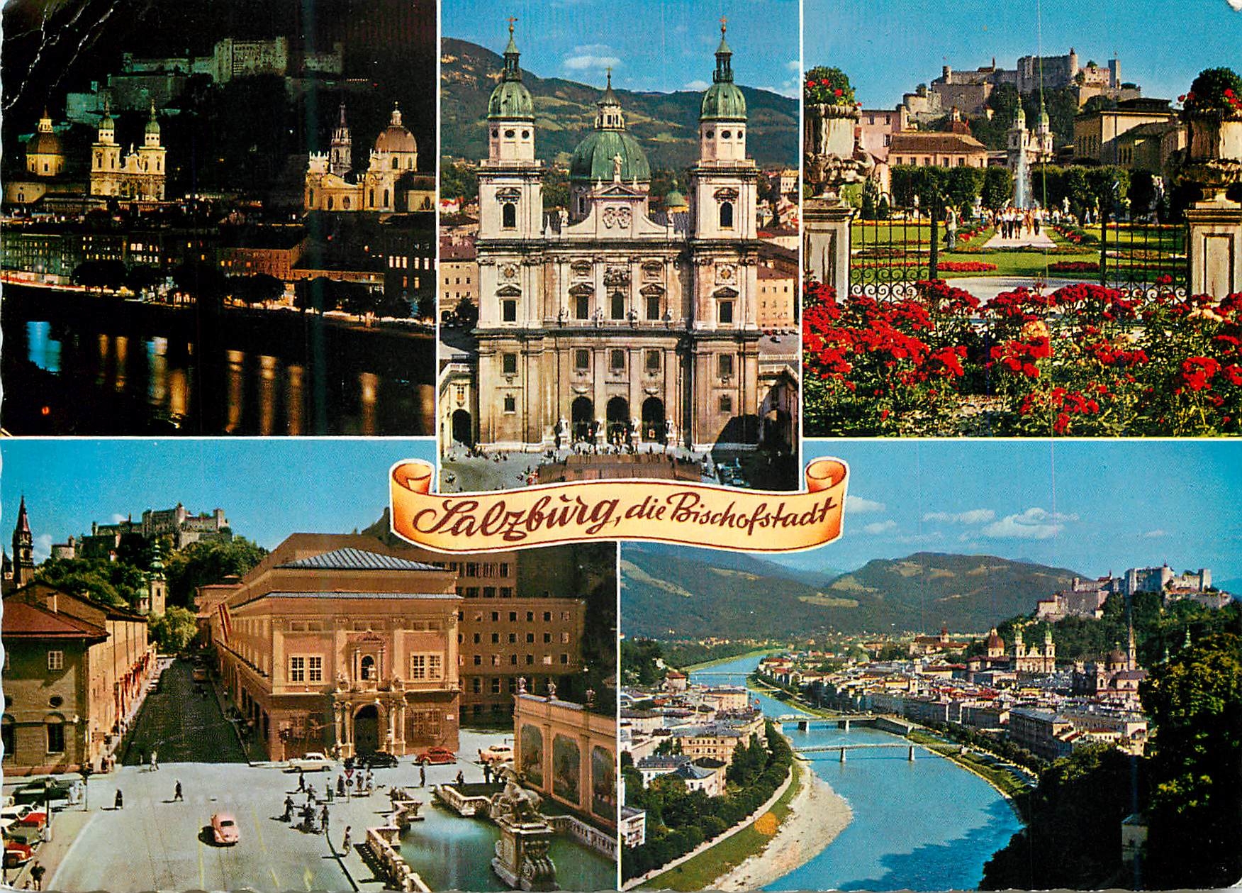 CPM Salzburg die Bischofstadt Oben Bel Nacht Dom Erbaut 1628 Mirabellgarten