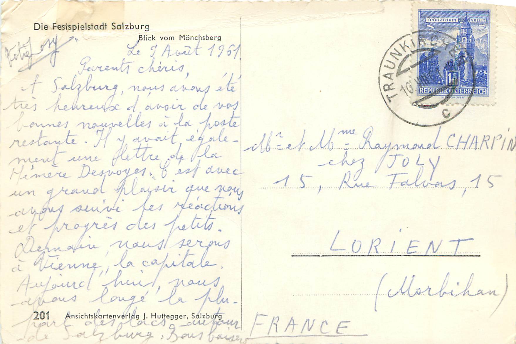 Tarjeta postal moderna La ciudad de los festivales de Salzburgo Vista desde Monchsberg — Reverso