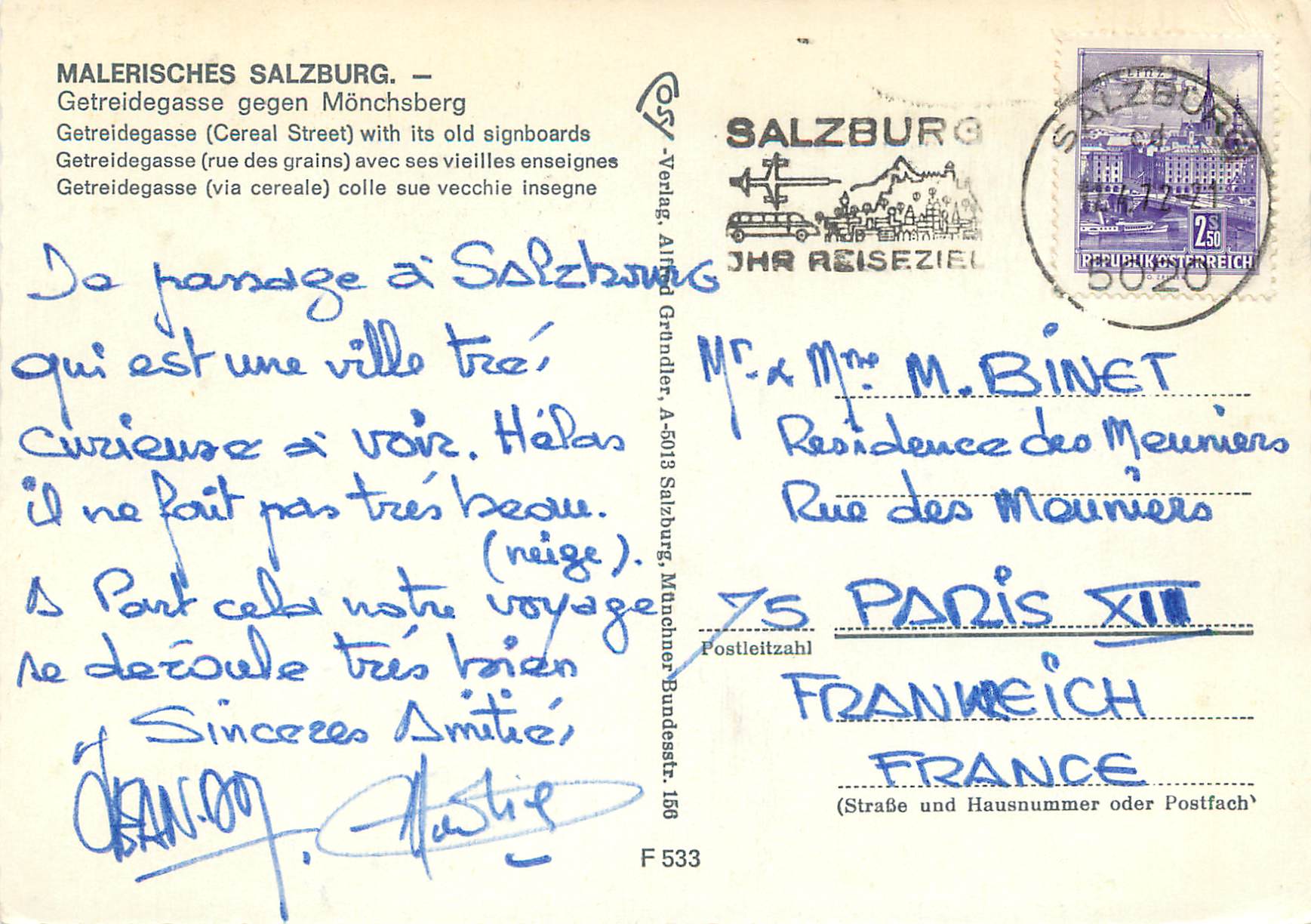CPM Malerisches Salzburg Getreidegasse (rue des Grains) avec ses Vieilles enseignes — Rückseite