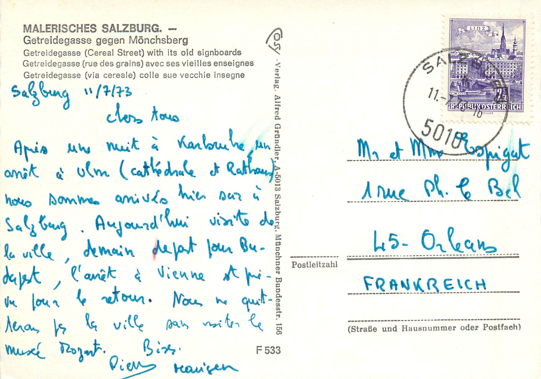CPM Malerisches Salzburg Getraidogasse (rue des Grains) avec ses Vieilles Enseignes — Rückseite