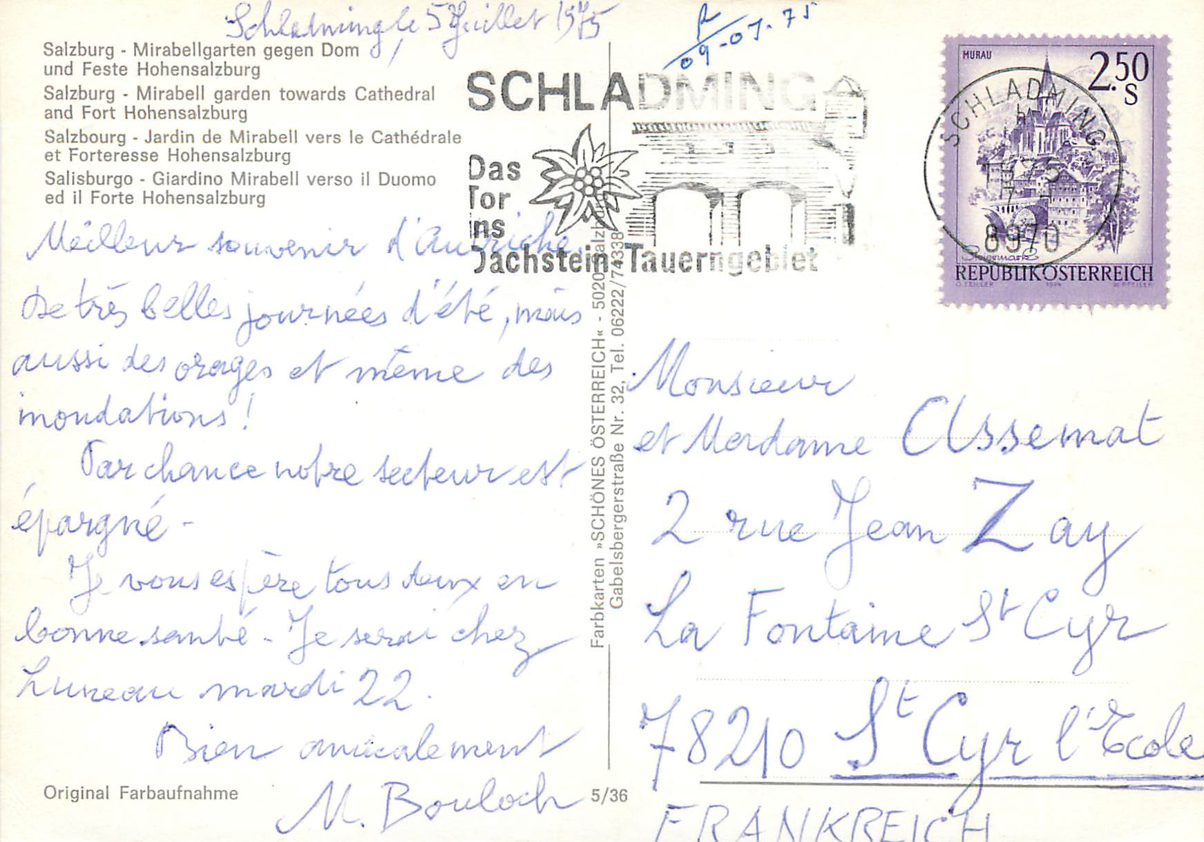 CPM Salzbourg Jardin de Mirabell vers la Cathedrale et Forteresse Hohensalzburg — Rückseite