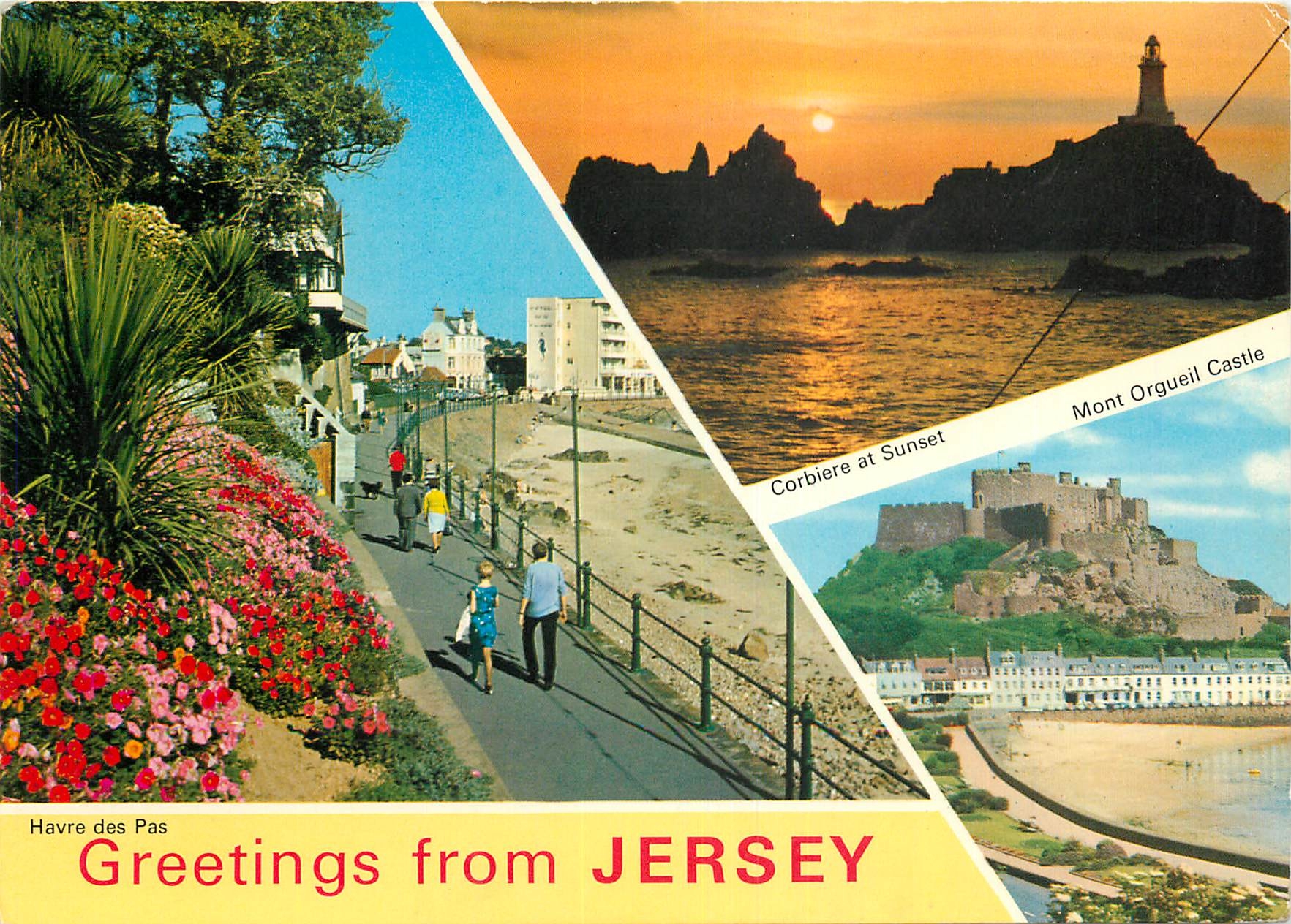 CPM Greetings From Jersey Havre des Pas Corbiere at Sunset Mont Orgueil Castle