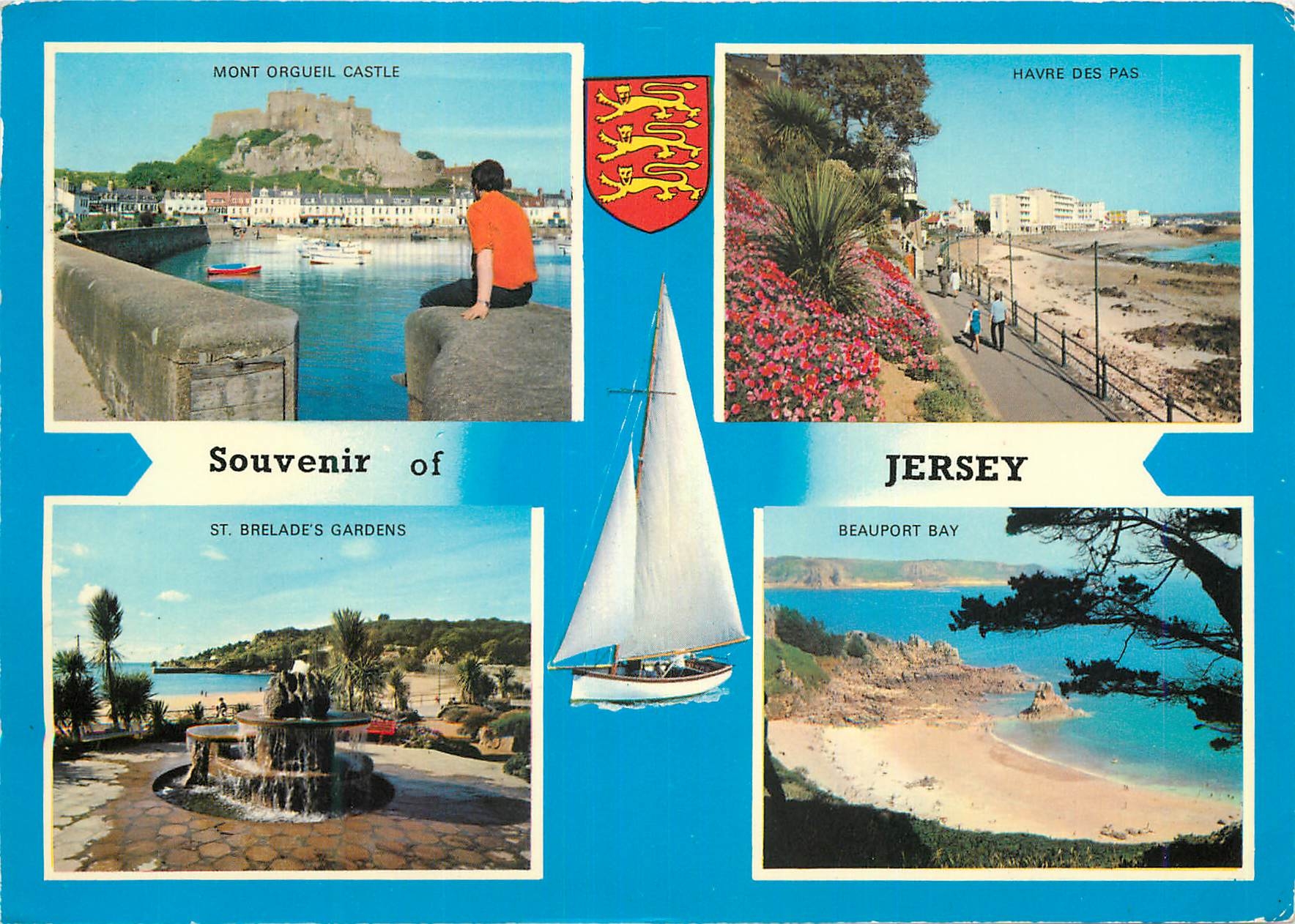 CPM Souvenir of Jersey Mont Orgueil Castle St Brelades Gardens Havre des Pas Beauport Bay