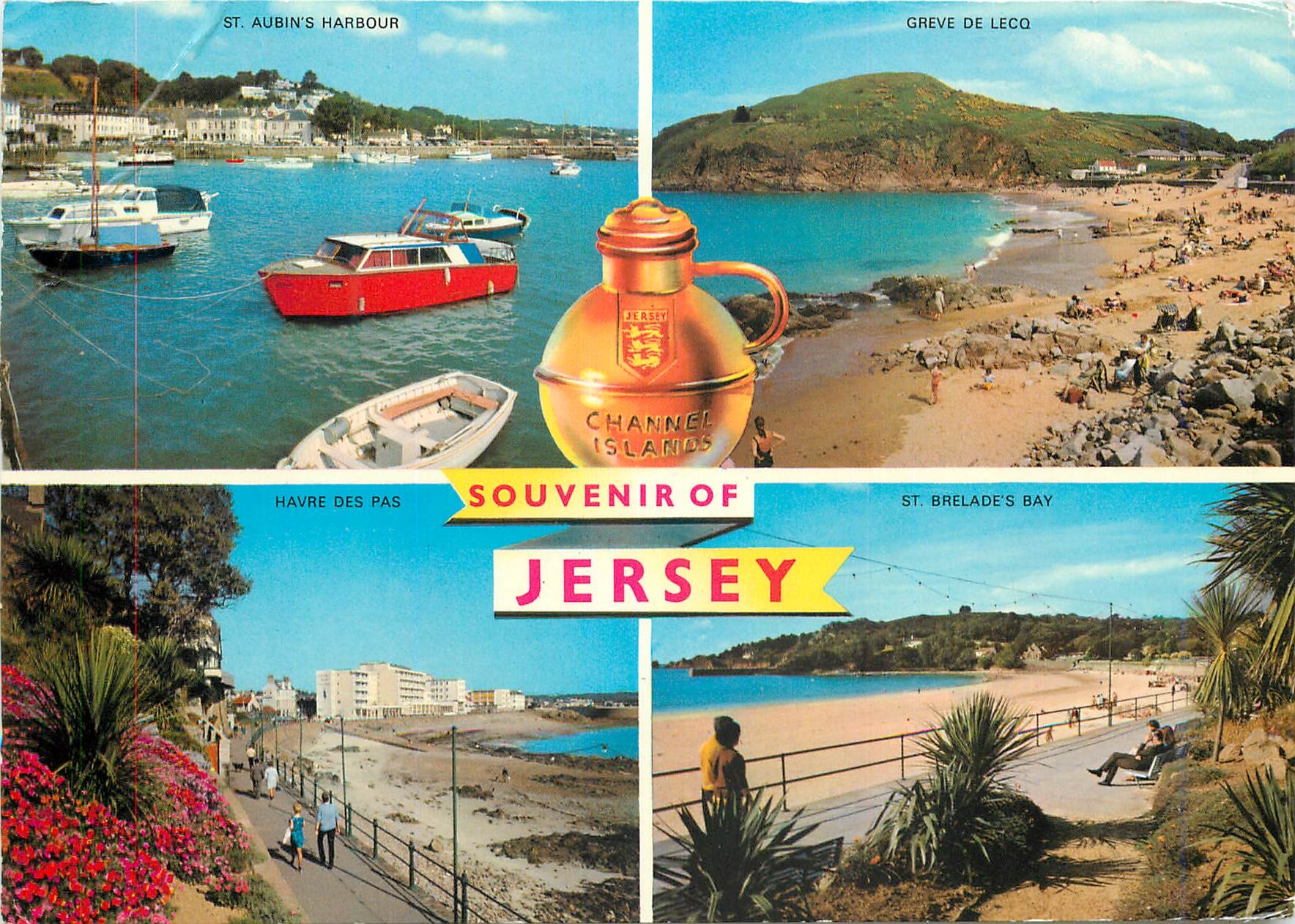 Moderne Ansichtskarte Erinnerungskarte von Jersey St Aubin's Harbour Havre des Pas Greve de Leco St Brelade's Bay