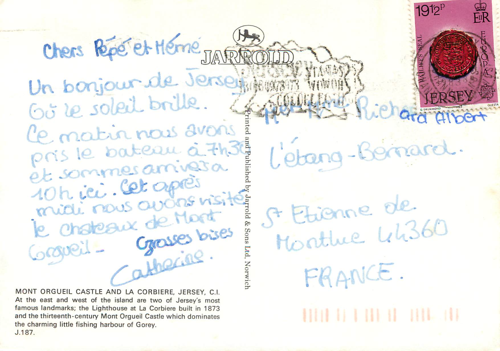CPM Mont Orgueil Castle and la Corbiere Jersey CI — Verso