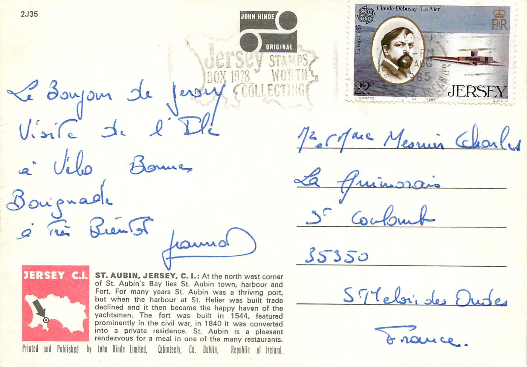 CPM The Harbour St Aubin's Jersey CI — Verso