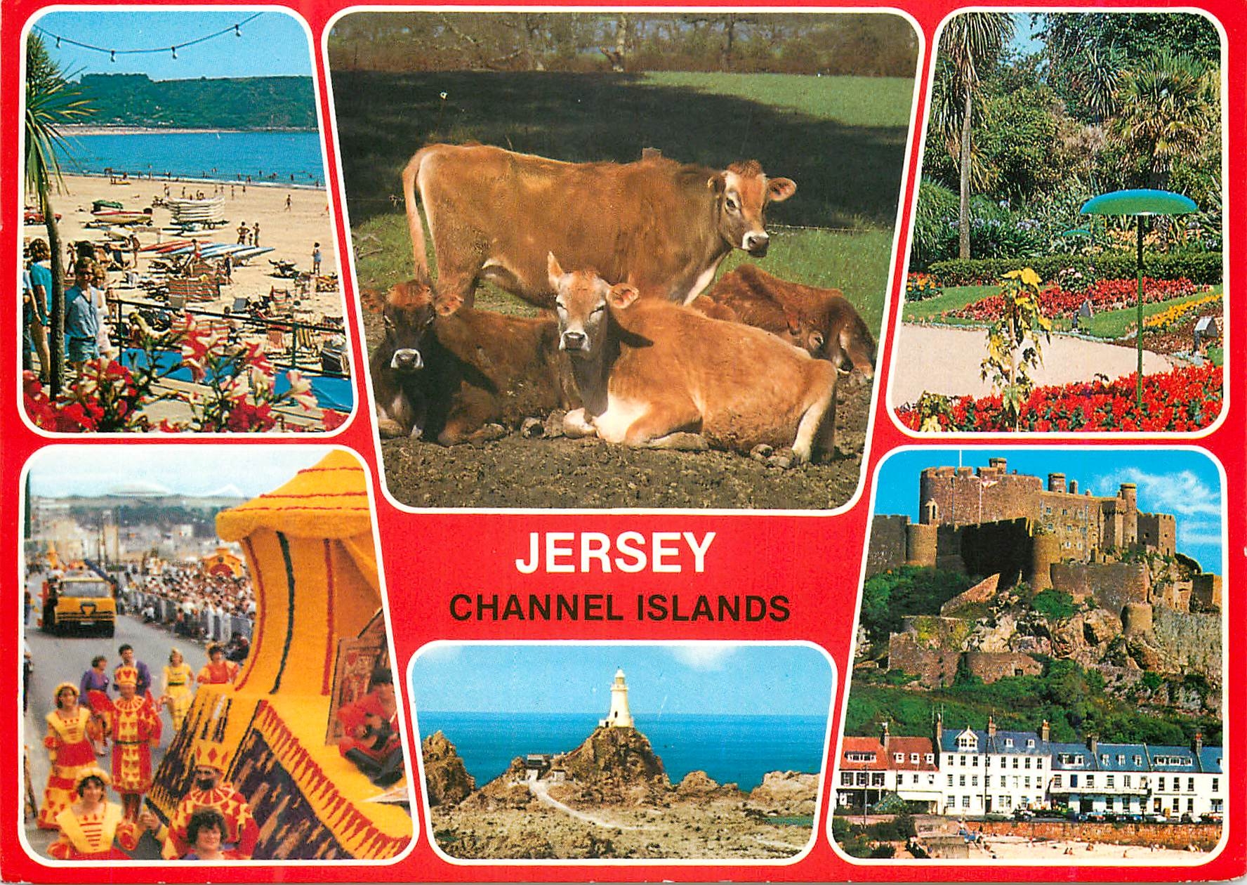 CPM Jersey Channel Islands St Brelade's Bay Howard Davis Park Jersey Cows Battle of Flowers Mont Orgueil Castle Corbiere