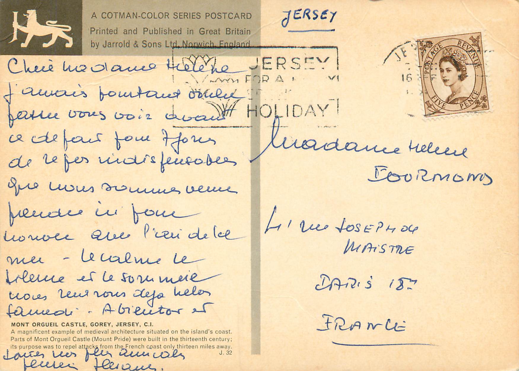 CPM Mont Orgueil Castle Gorey Jersey CI — Back