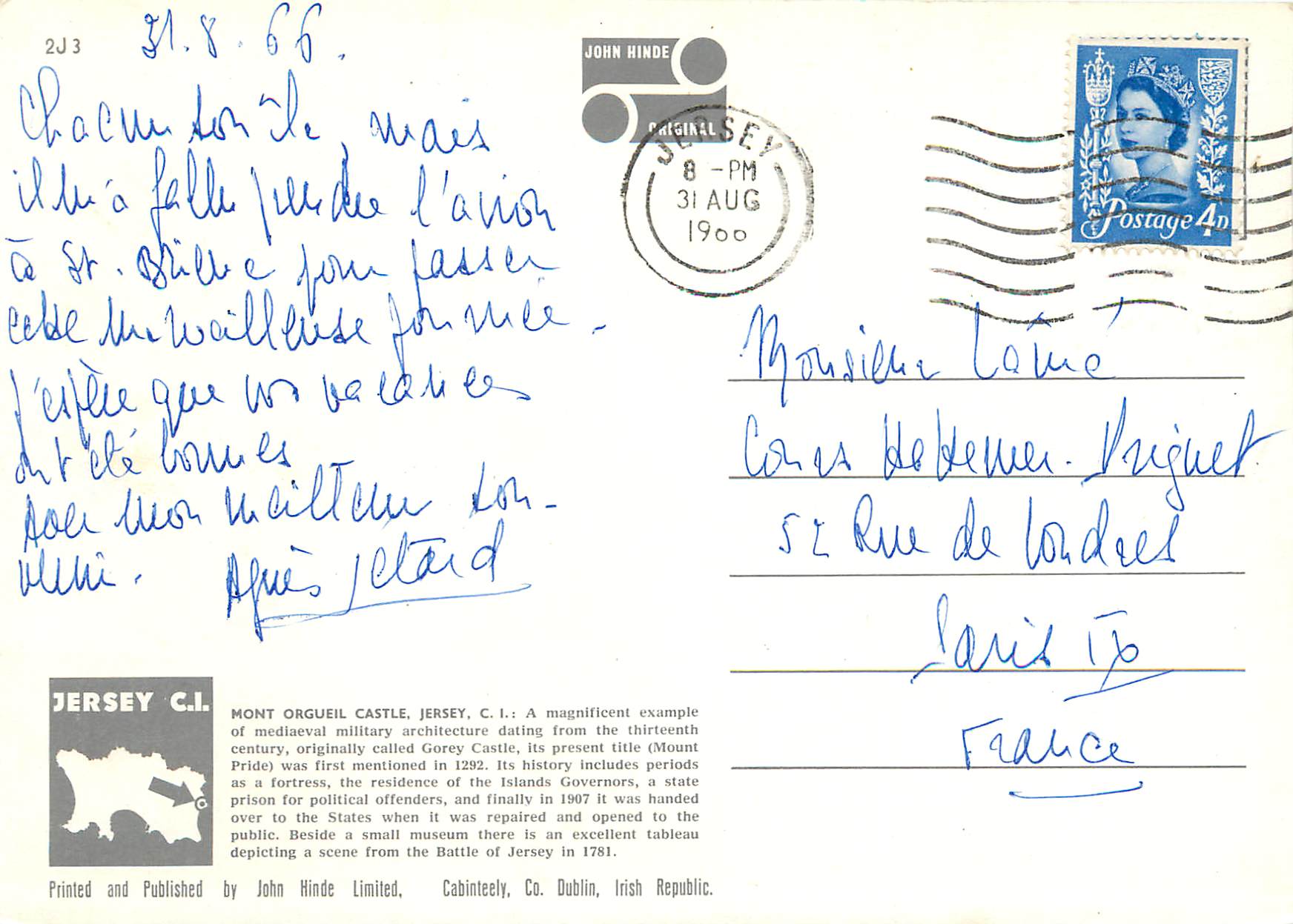 CPM Mont Orgueil Castle and Gorey Harbour Jersey CI — Verso
